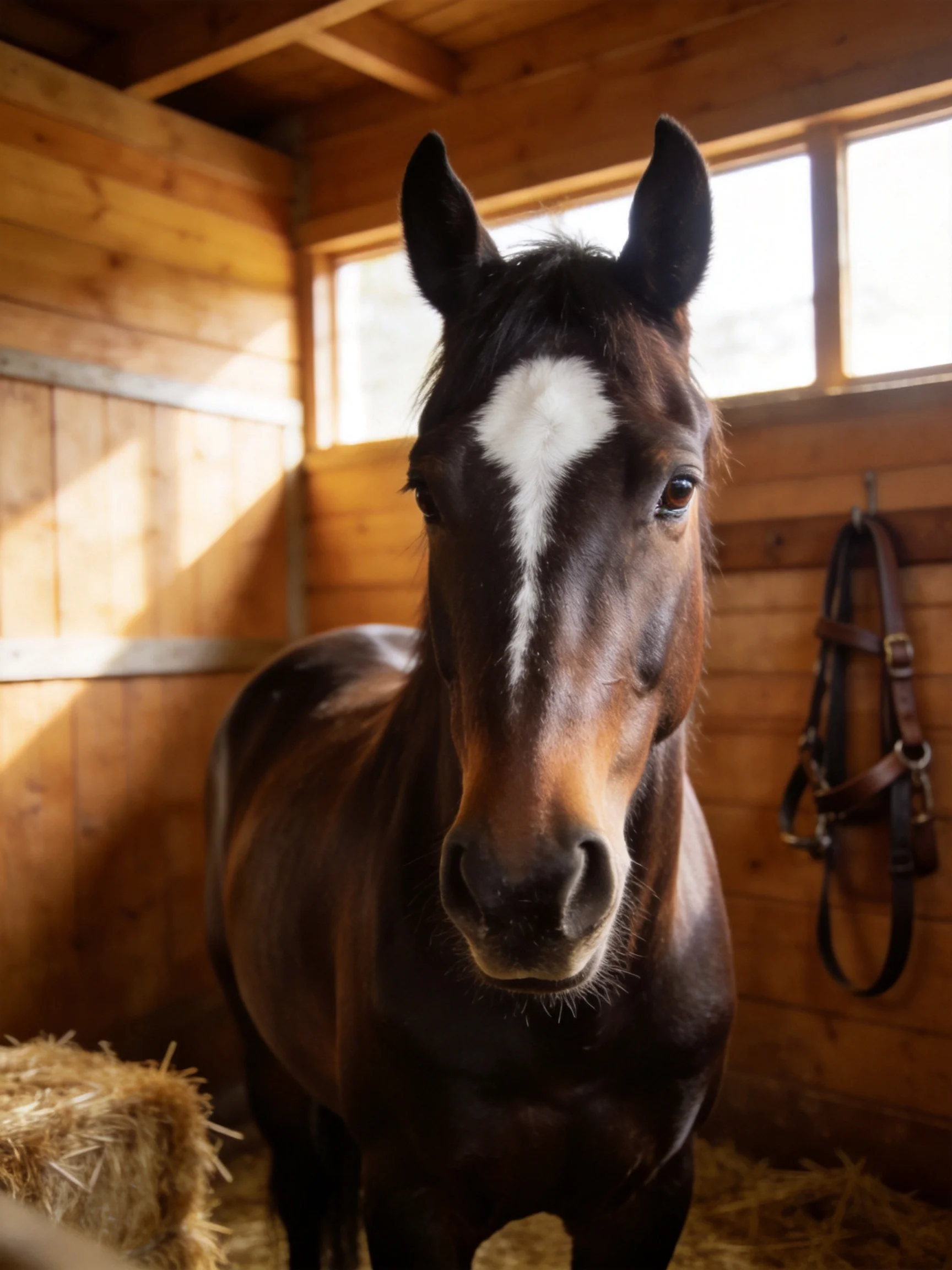 A dark brown horse with a white blaze in a wooden stable