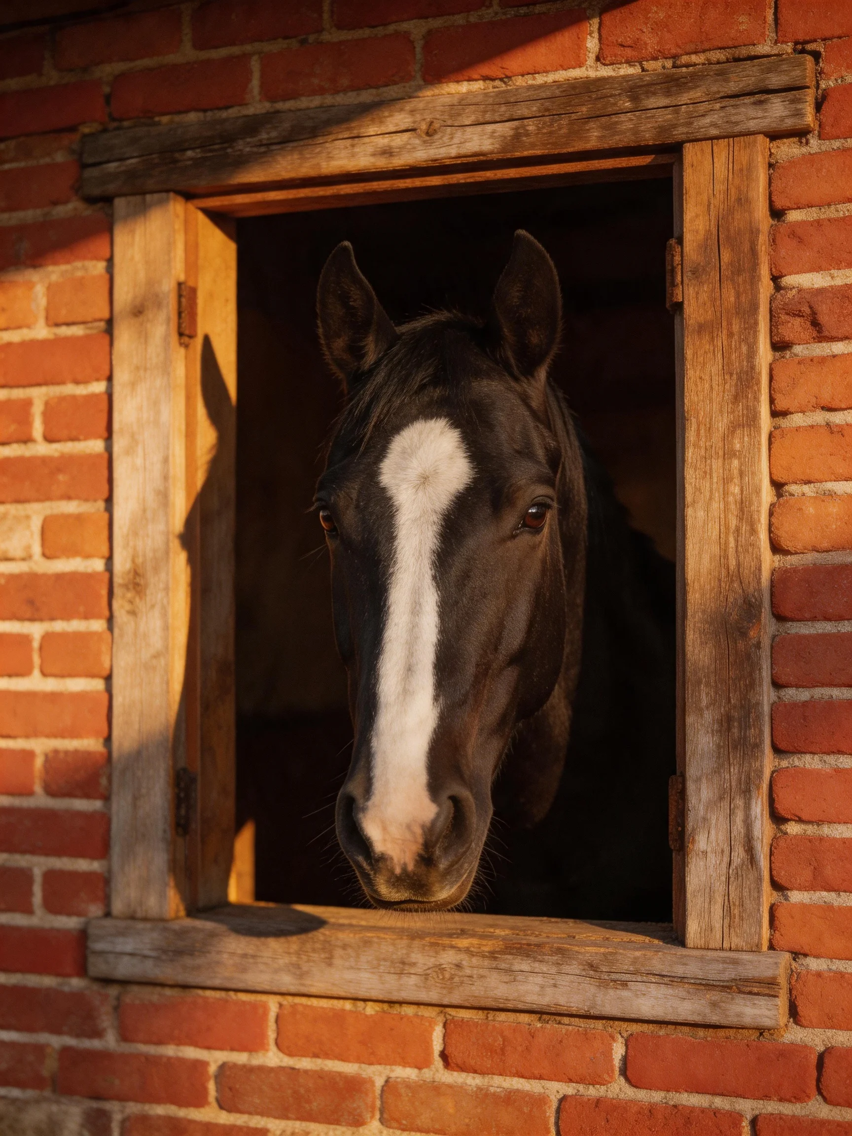 A dark brown horse with a white blaze peers from a wooden-framed brick stable window