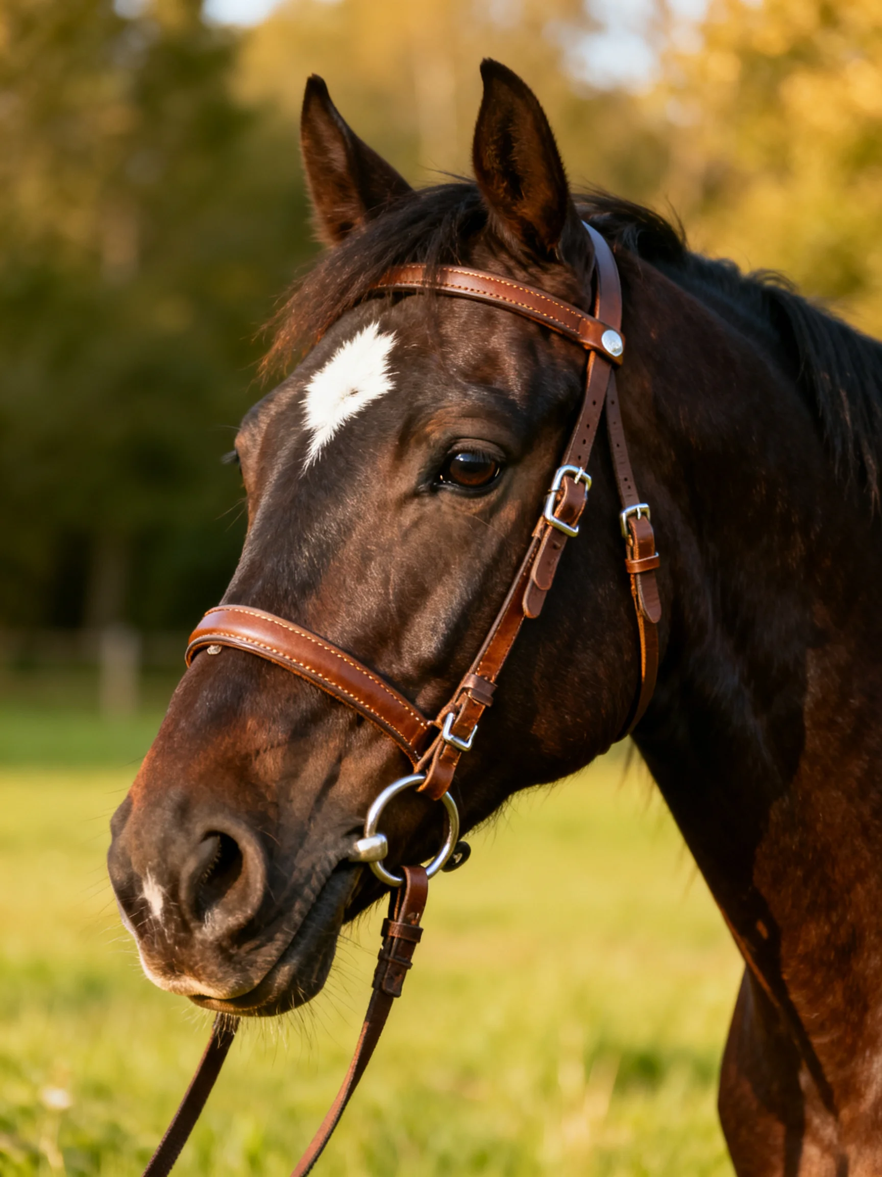 A brown horse with a white blaze wears a bridle in a sunlit field.