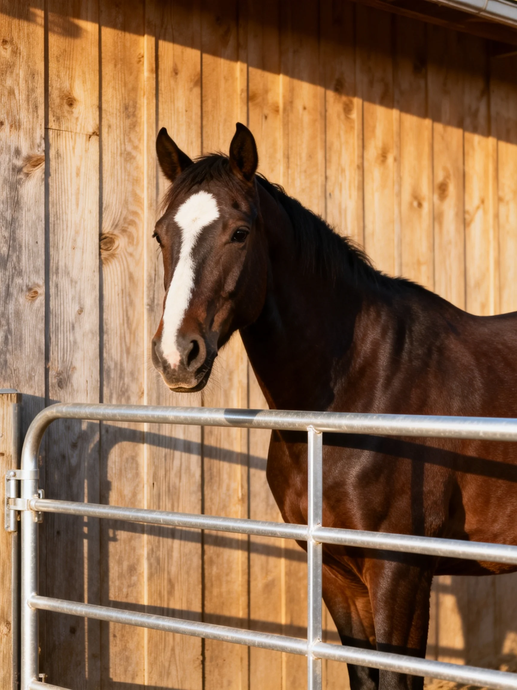 A dark brown horse with a white facial blaze stands near a wooden stable structure