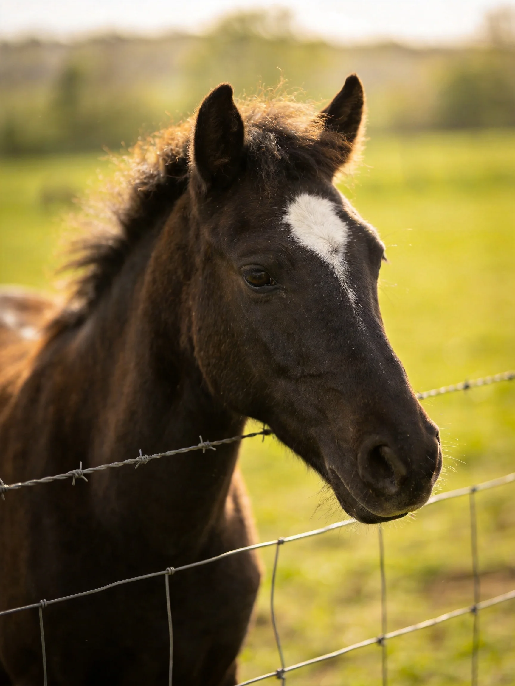 A dark brown horse with a white facial marking stands by a barbed wire fence