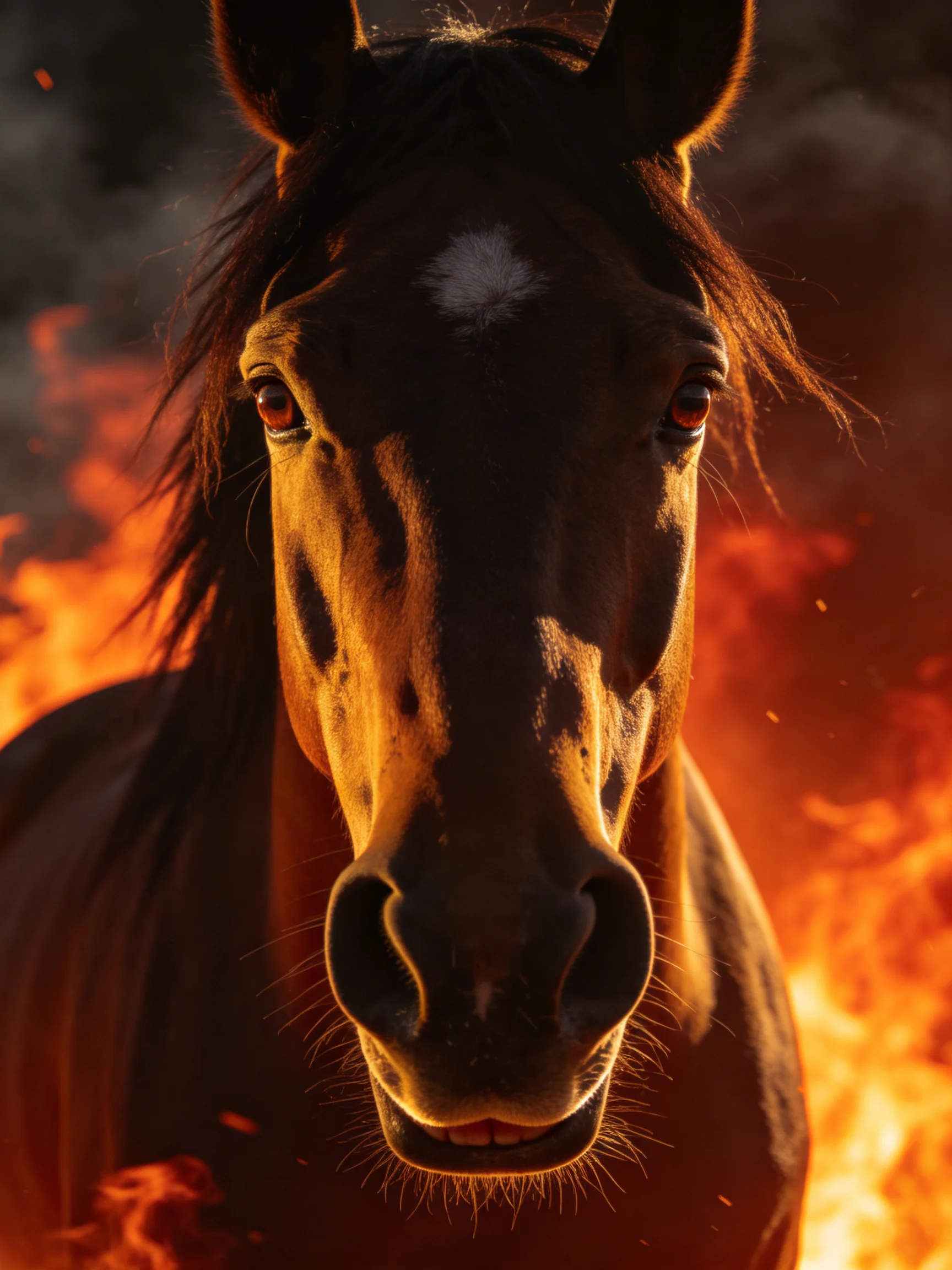 A dark brown horse with a white marking faces forward amid intense flames.