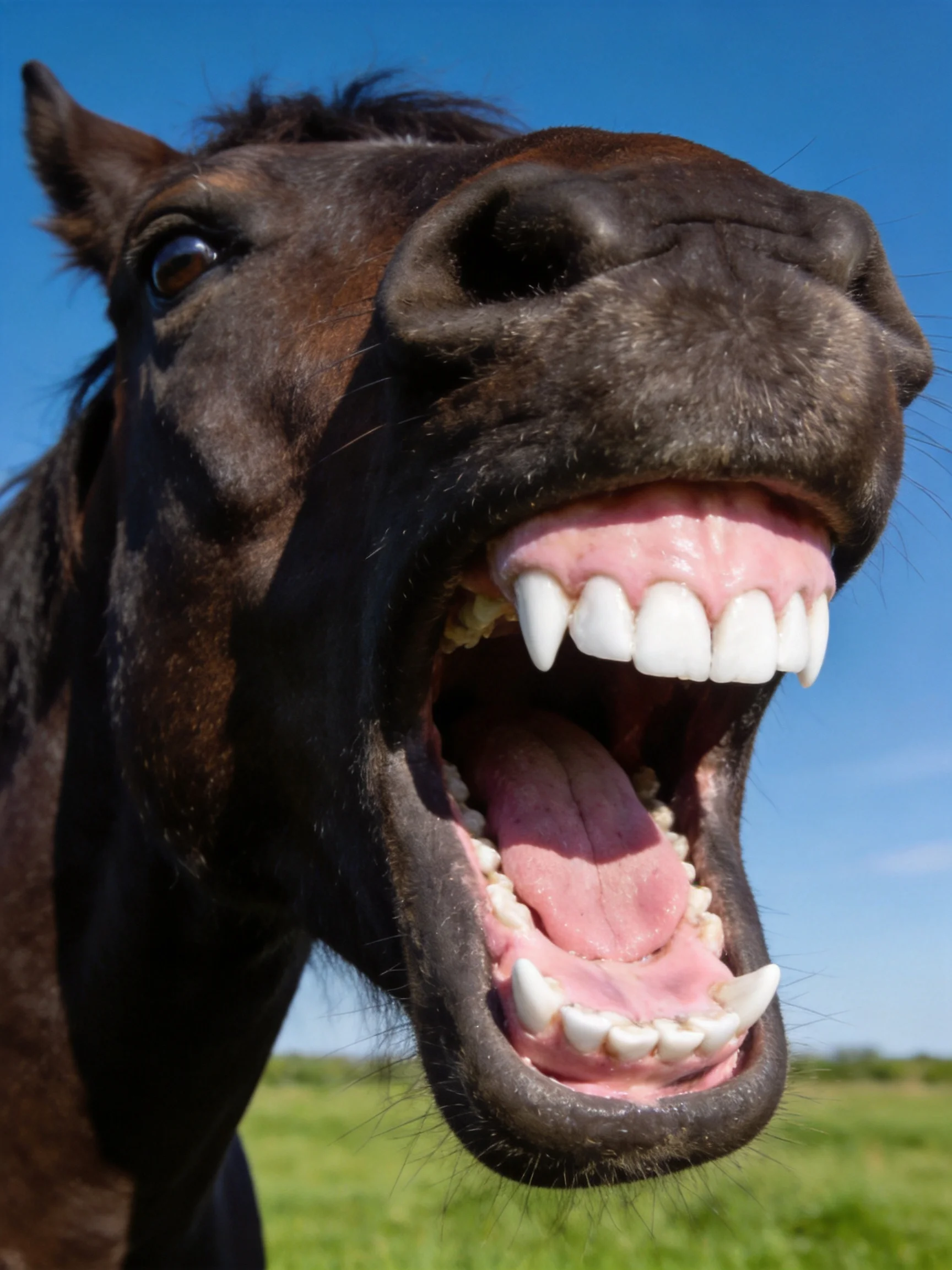 A dark brown horse with an open mouth showing prominent white teeth under a clear blue sky
