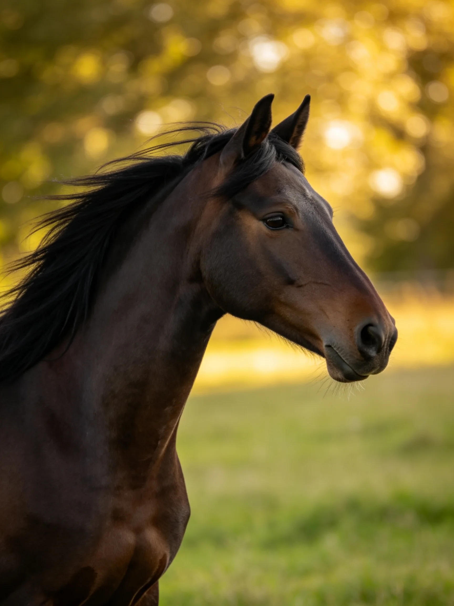 A dark brown horse with flowing black mane in sun-drenched meadow