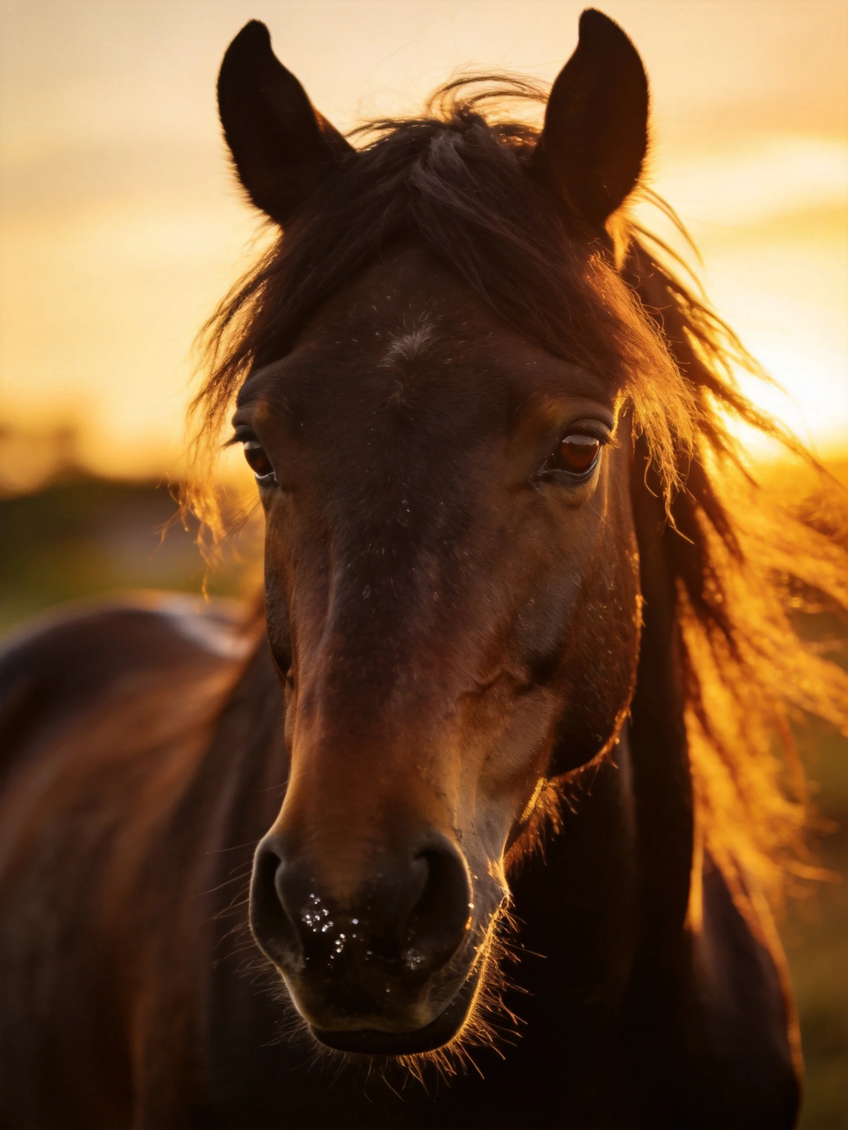 A dark brown horse with flowing mane lit by golden sunset