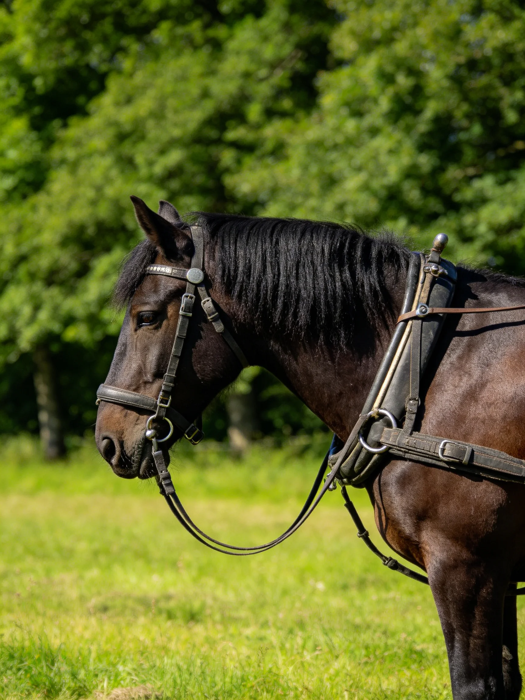 A dark brown horse with harnesses in a lush green meadow