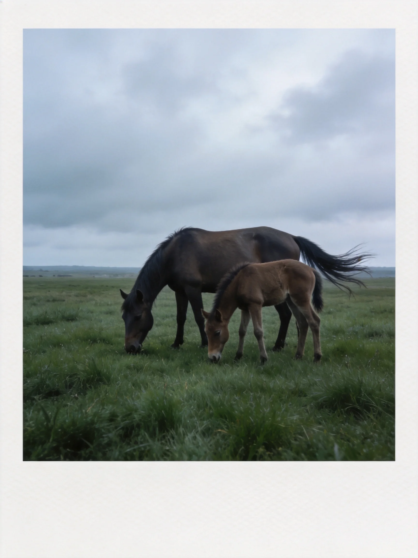 A dark brown mare and tan foal graze in a vast green meadow