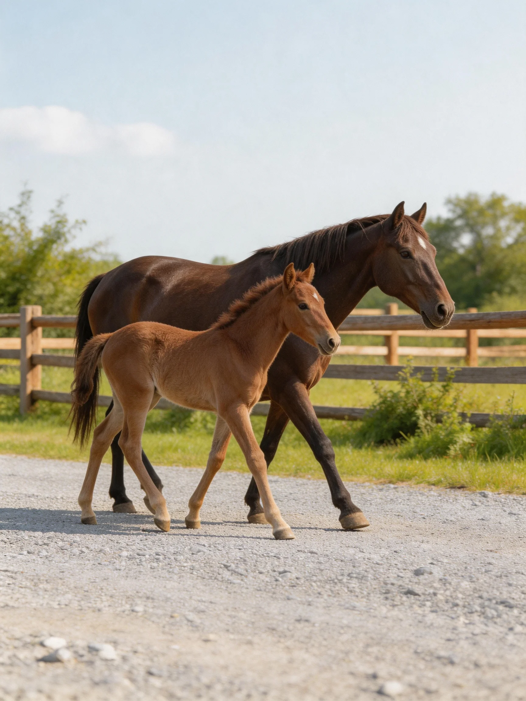 A dark-brown mare and tan foal walk on a gravel path near a wooden fence