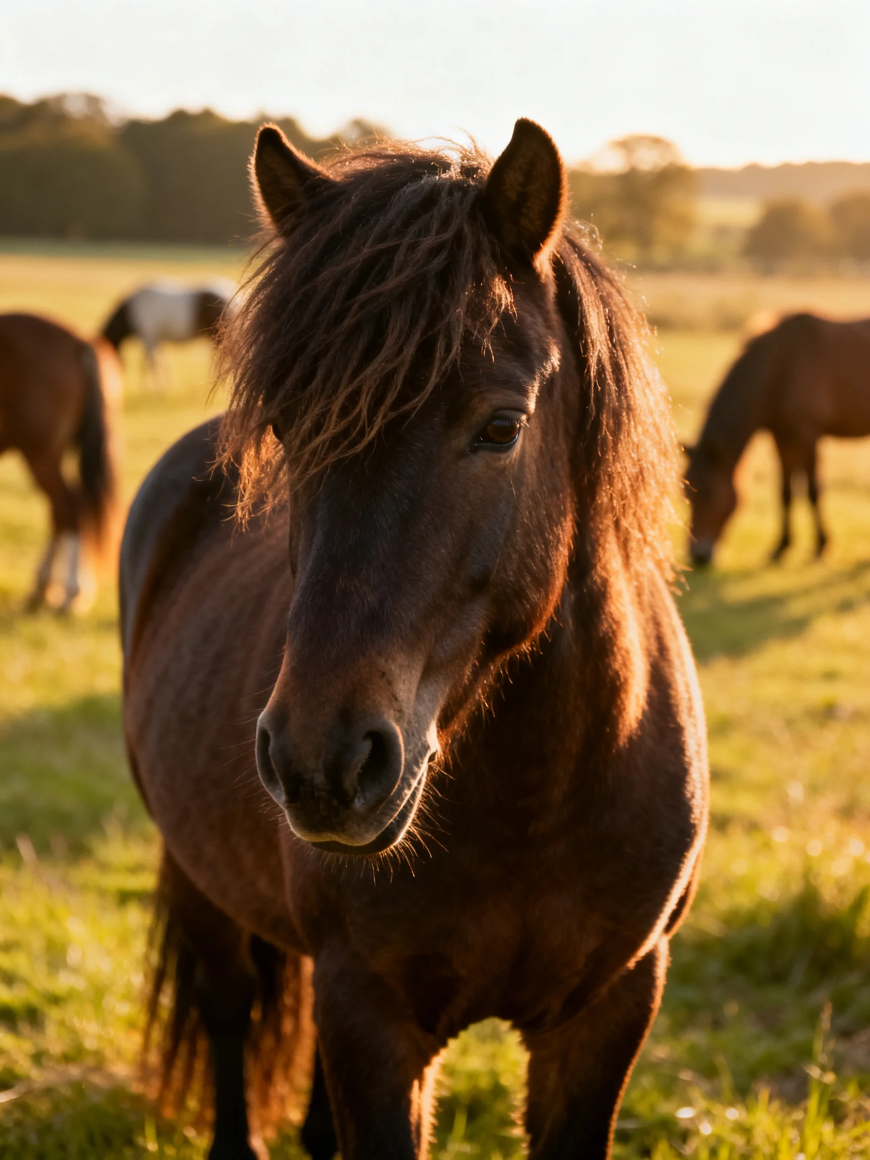A dark brown pony stands prominently in a sunlit meadow with other horses