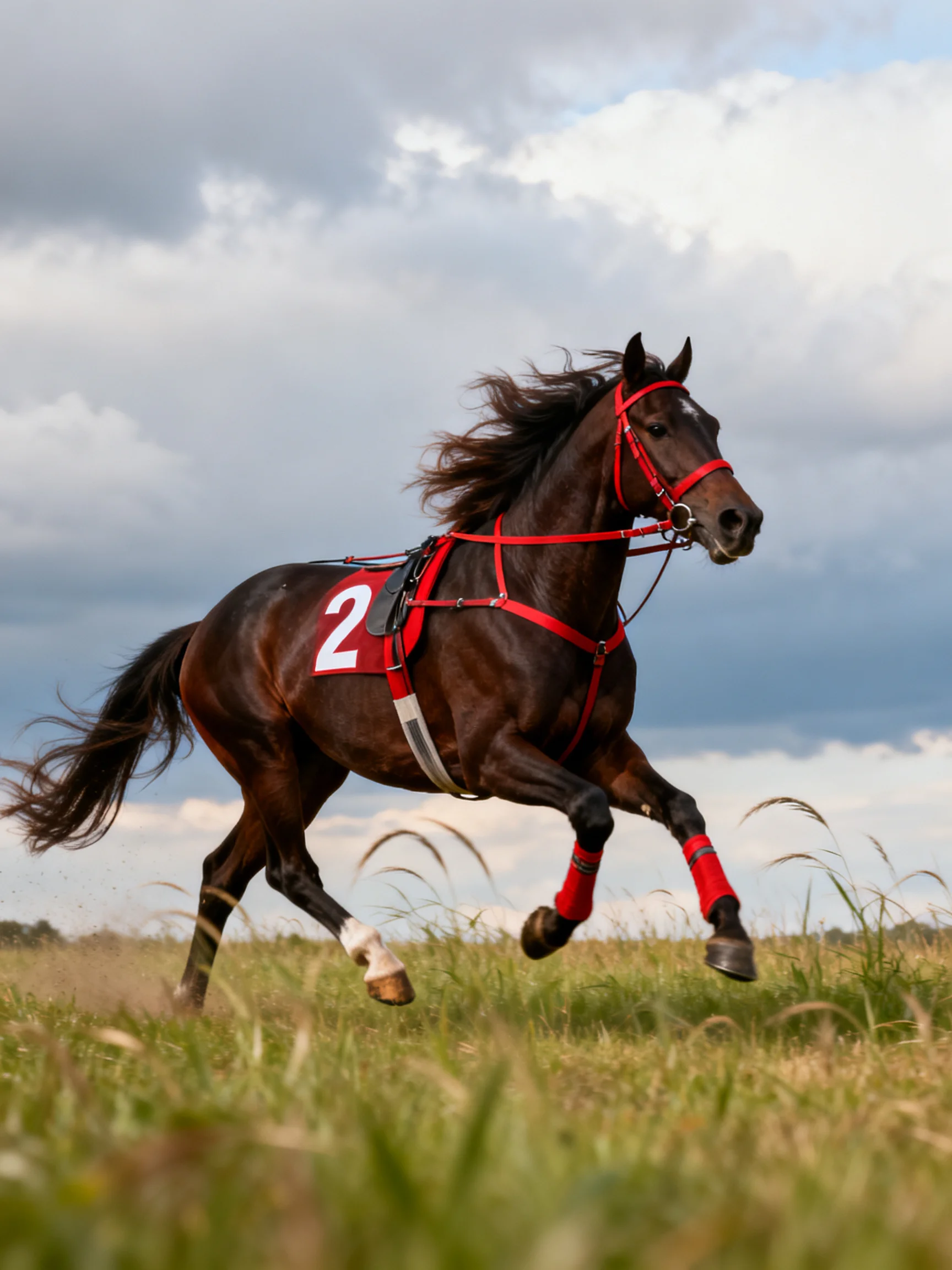 A dark brown racehorse with red racing gear gallops through a grassy field