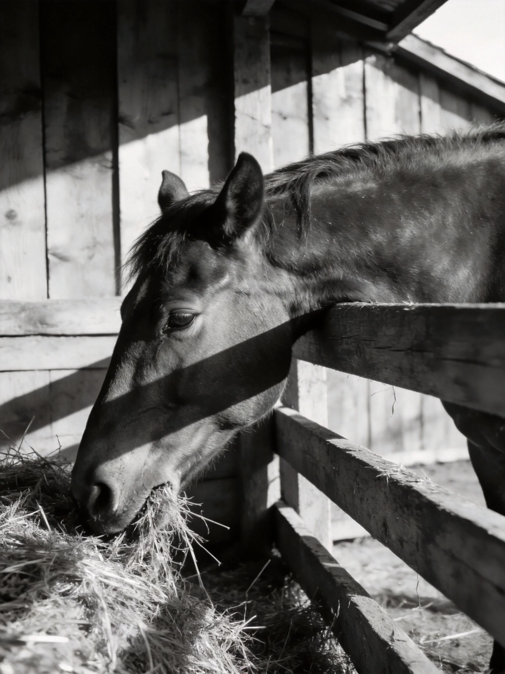 A dark-coated horse feeding on hay beside a wooden barn fence