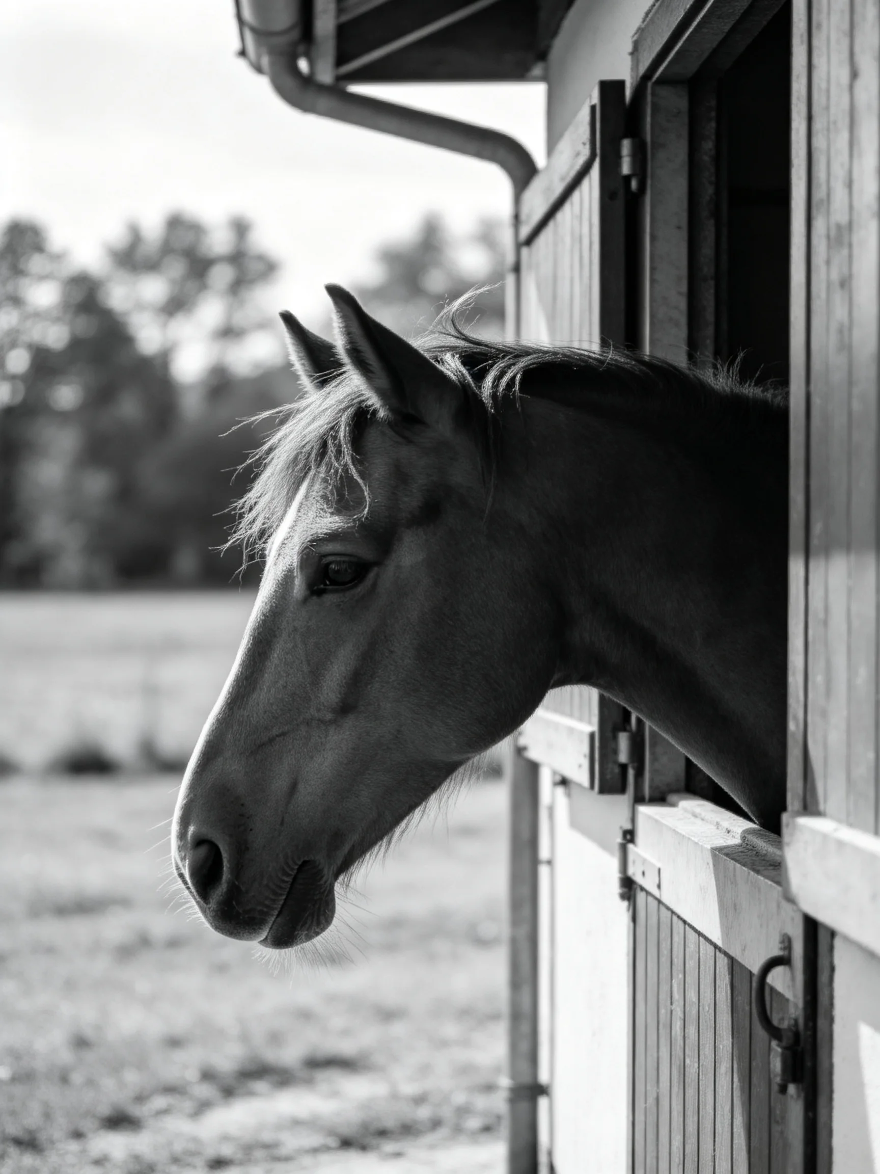 A dark-coated horse peeks from a wooden stable doorway
