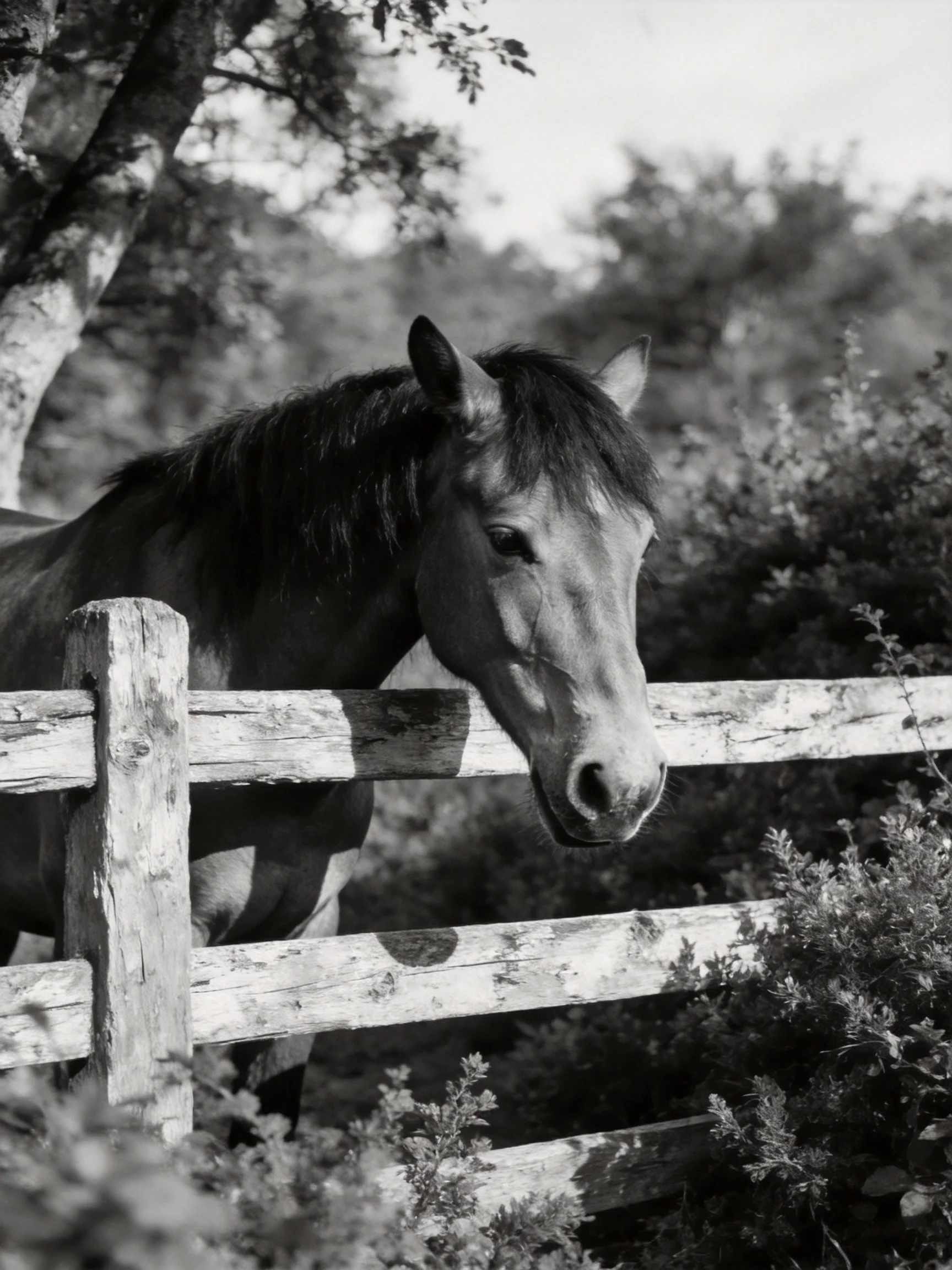 A dark-coated horse peers over a weathered wooden fence in a natural landscape
