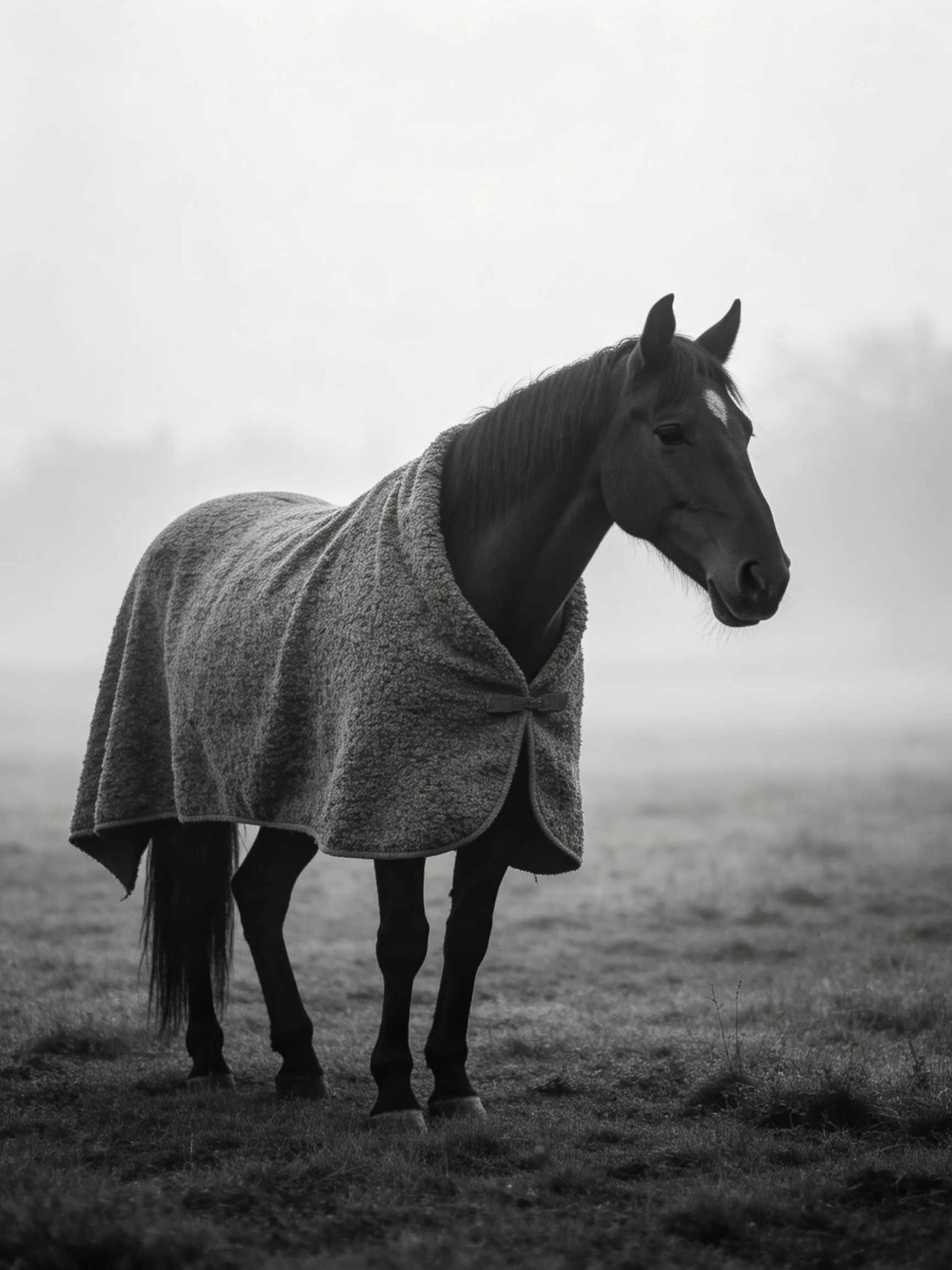 A dark horse draped in a thick blanket stands in a misty open field.