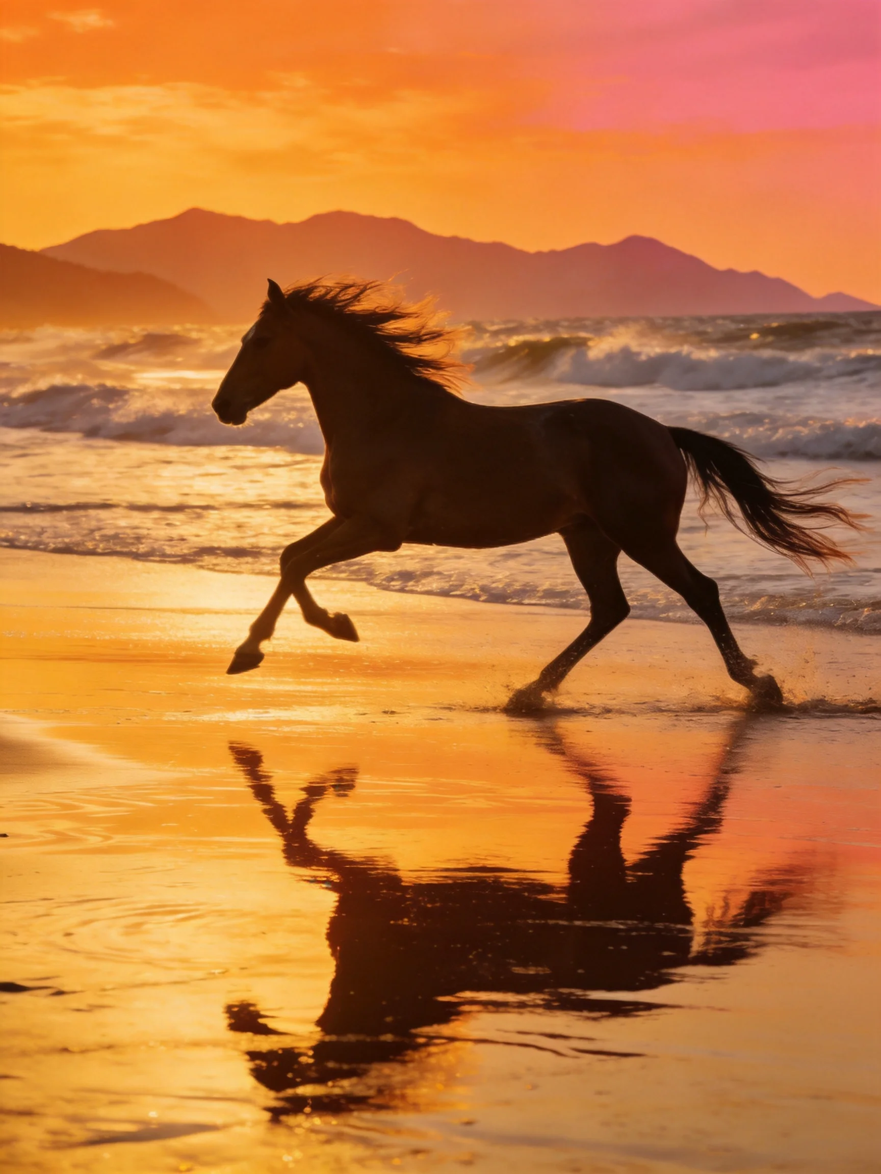 A dark horse gallops on a golden sandy beach at sunset