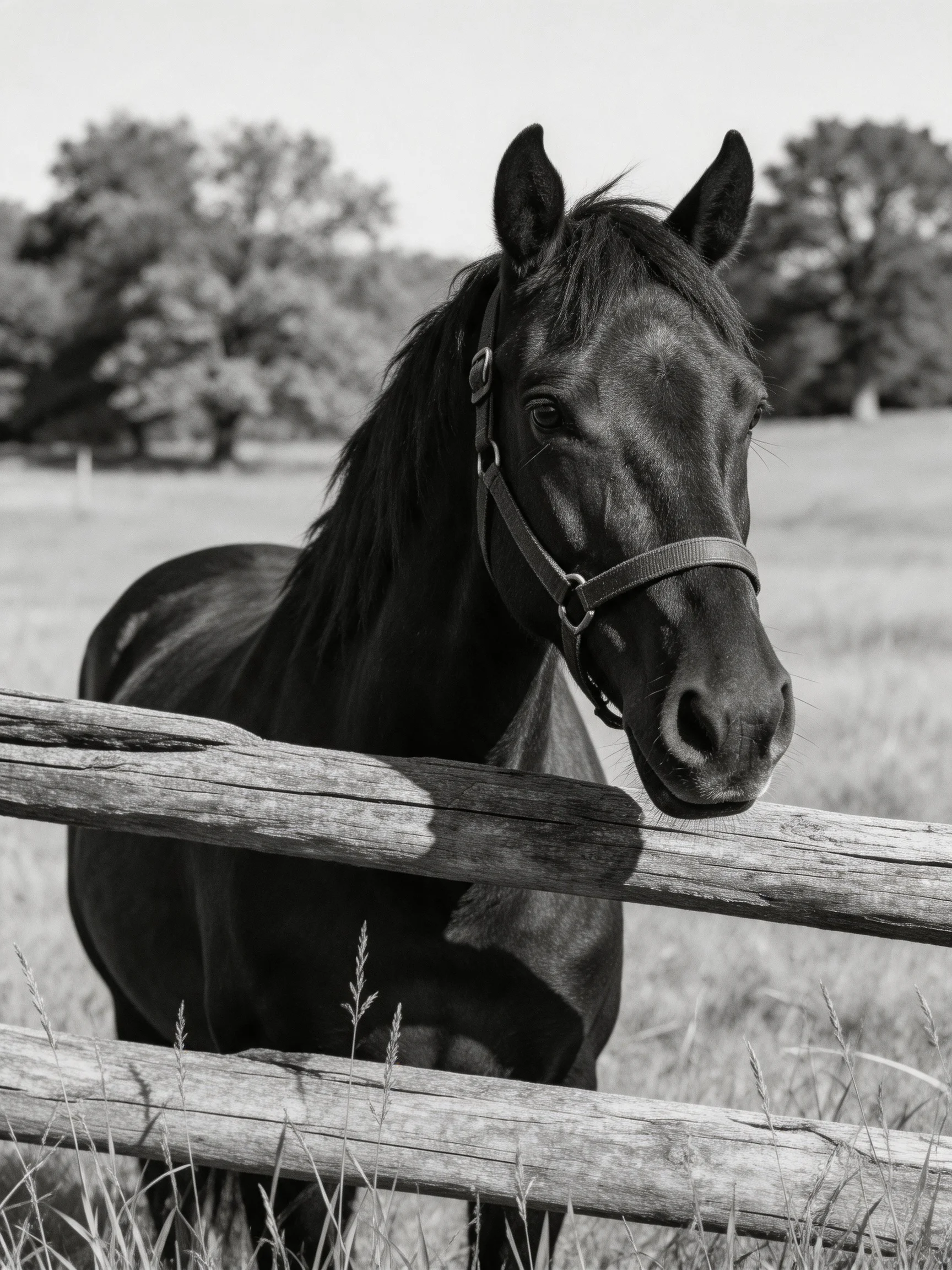 A dark horse near a weathered wooden fence in a grassy field