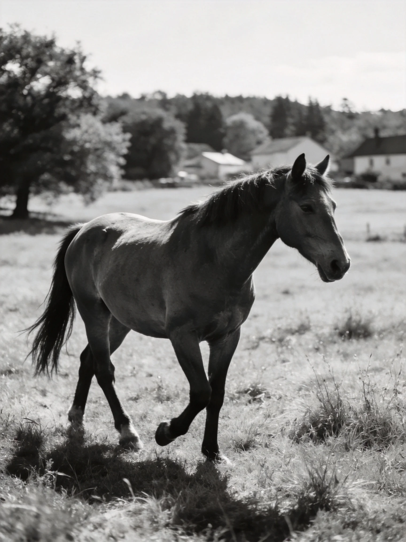 A dark horse trotting through a sunlit rural field