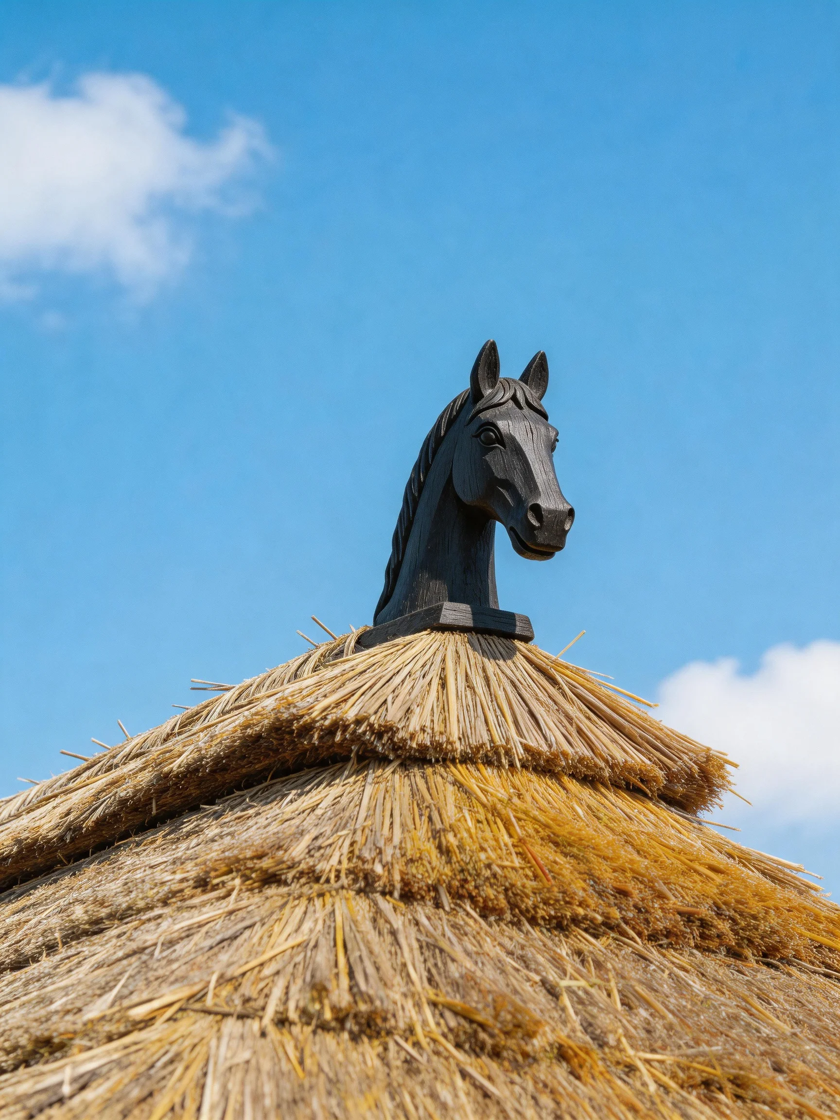 A dark wooden horse head atop a golden straw-thatched structure