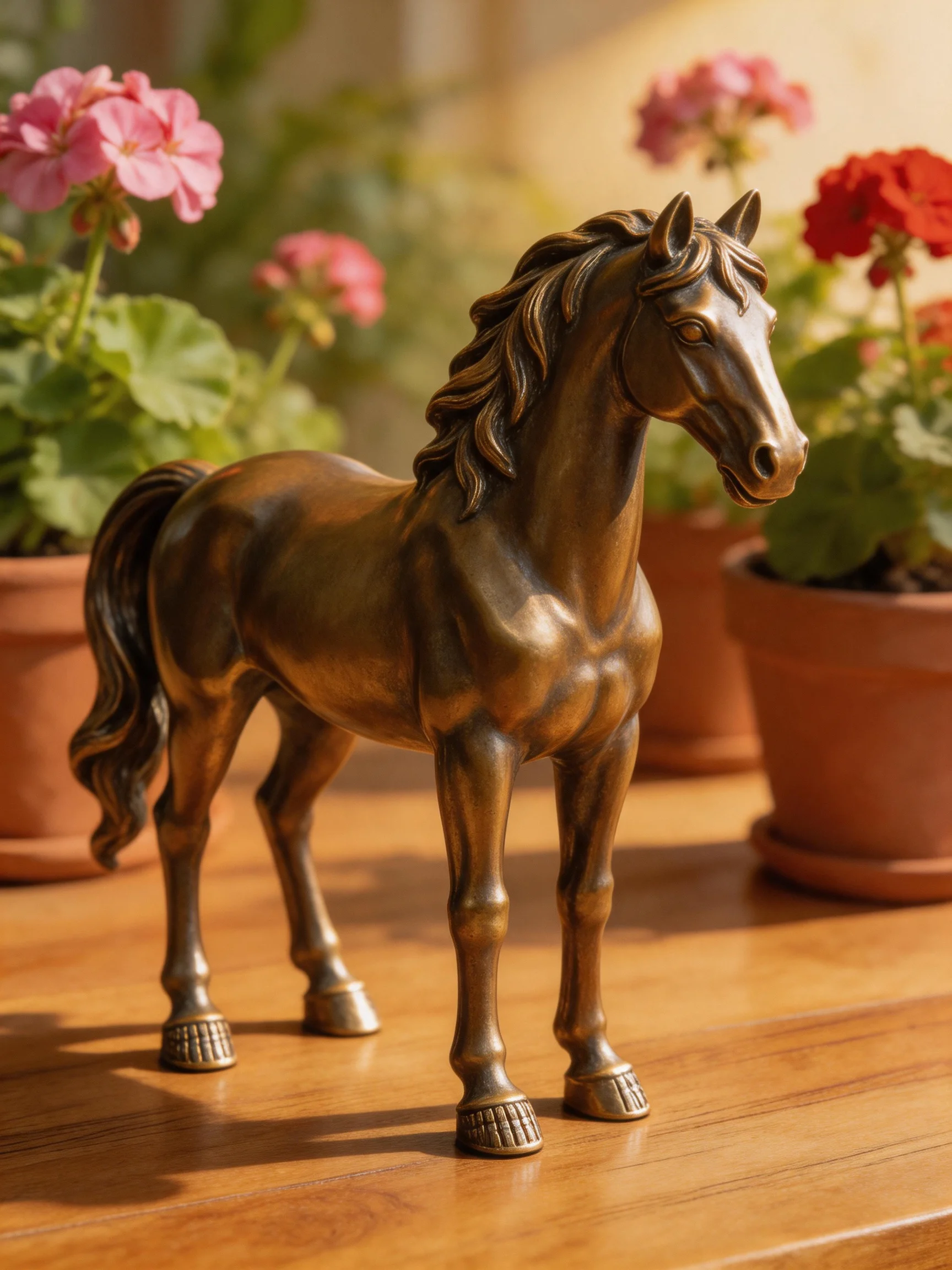A detailed bronze horse figurine beside terracotta pots with pink and red blooms