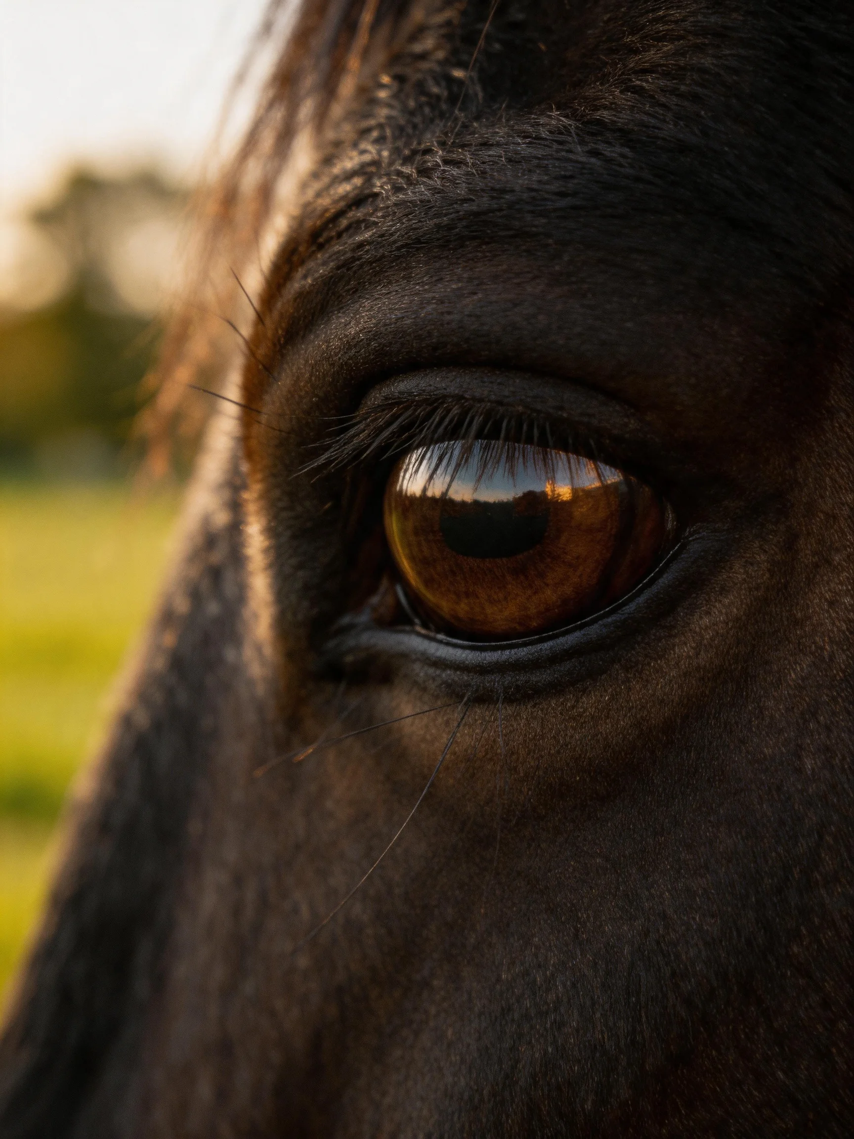 A detailed close - up of a dark brown horse’s eye showing golden reflection