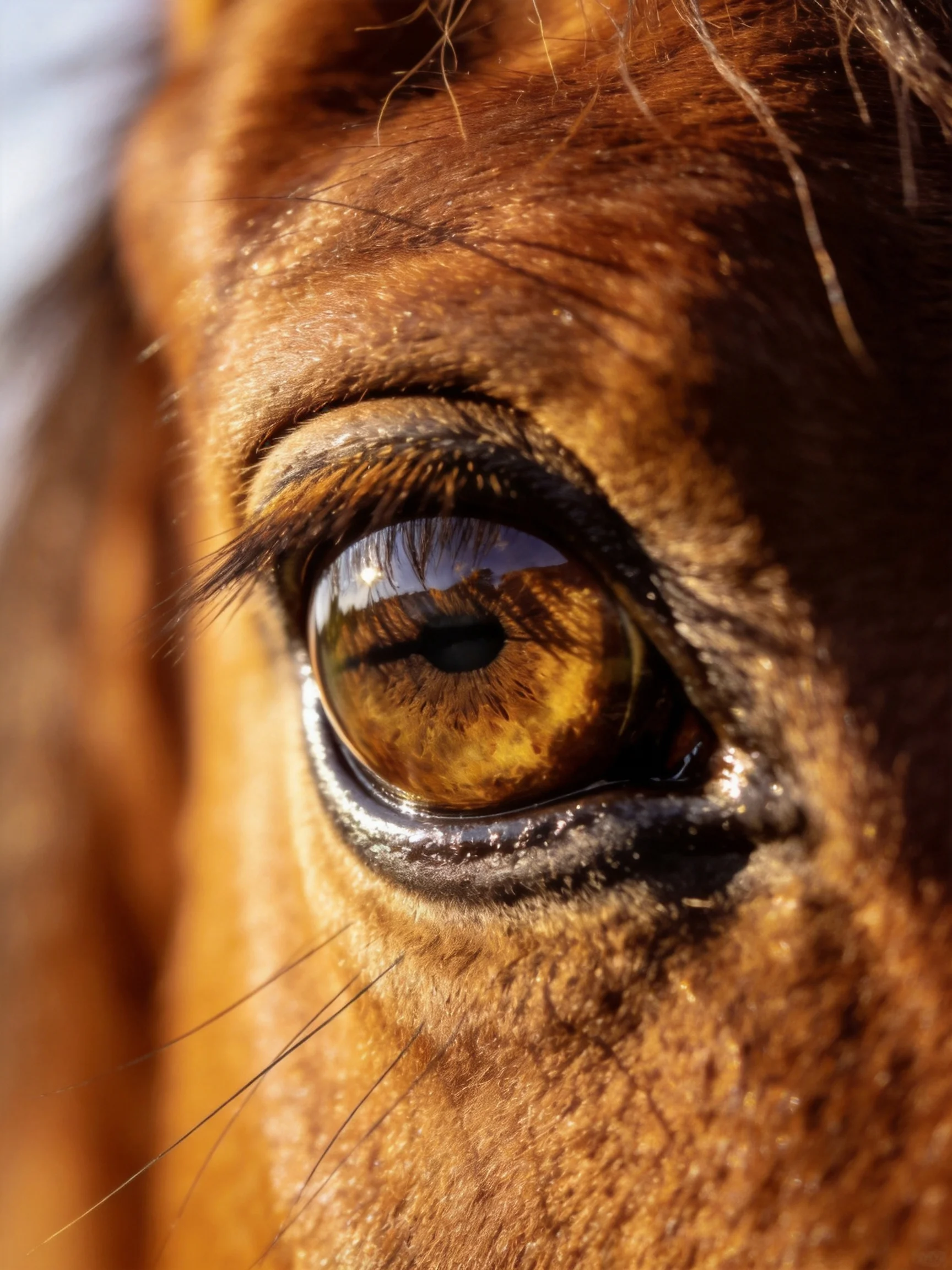 A detailed close - up of a horse’s amber eye and textured brown skin