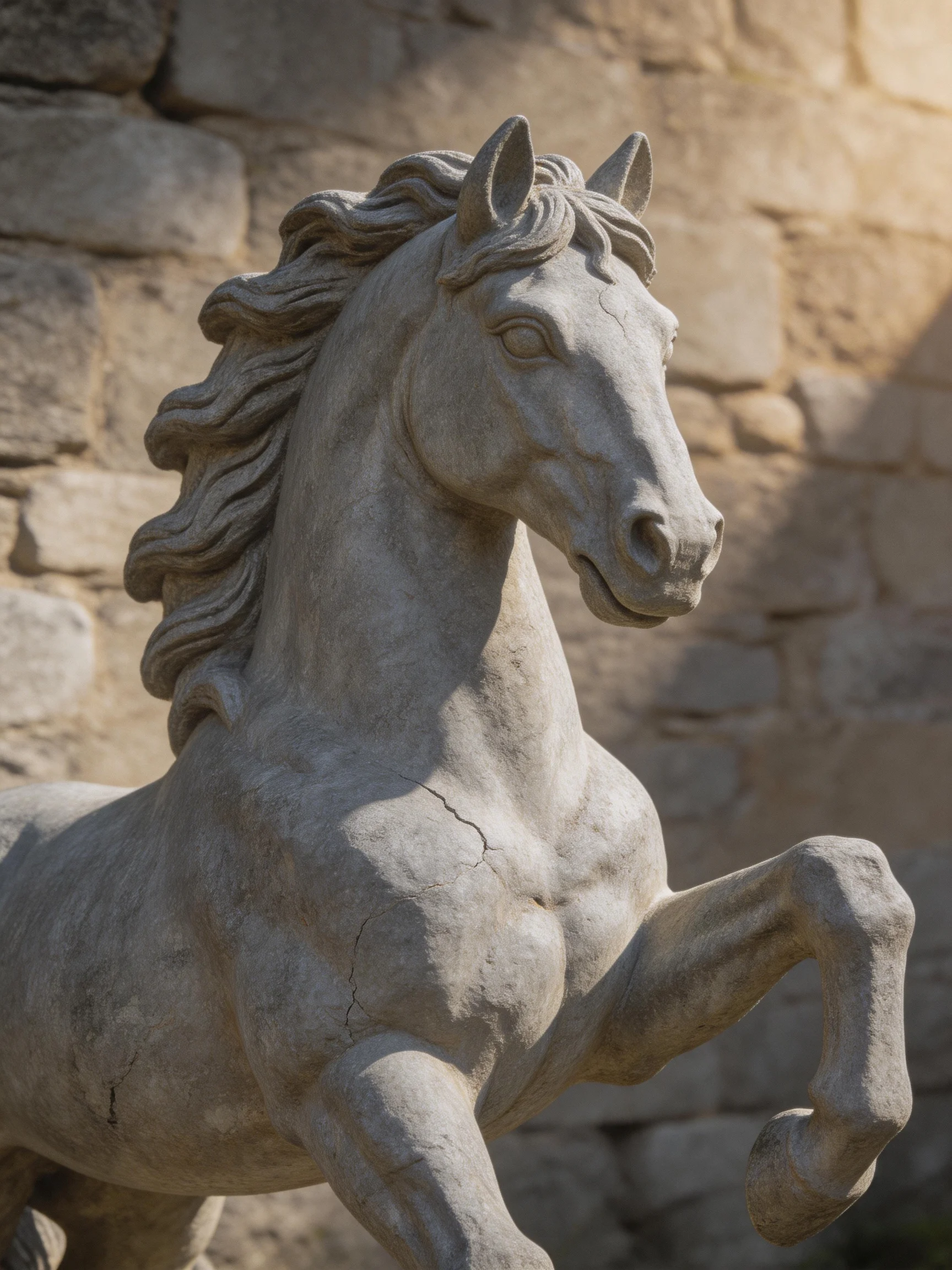 A detailed gray stone horse statue beside an aged stone wall
