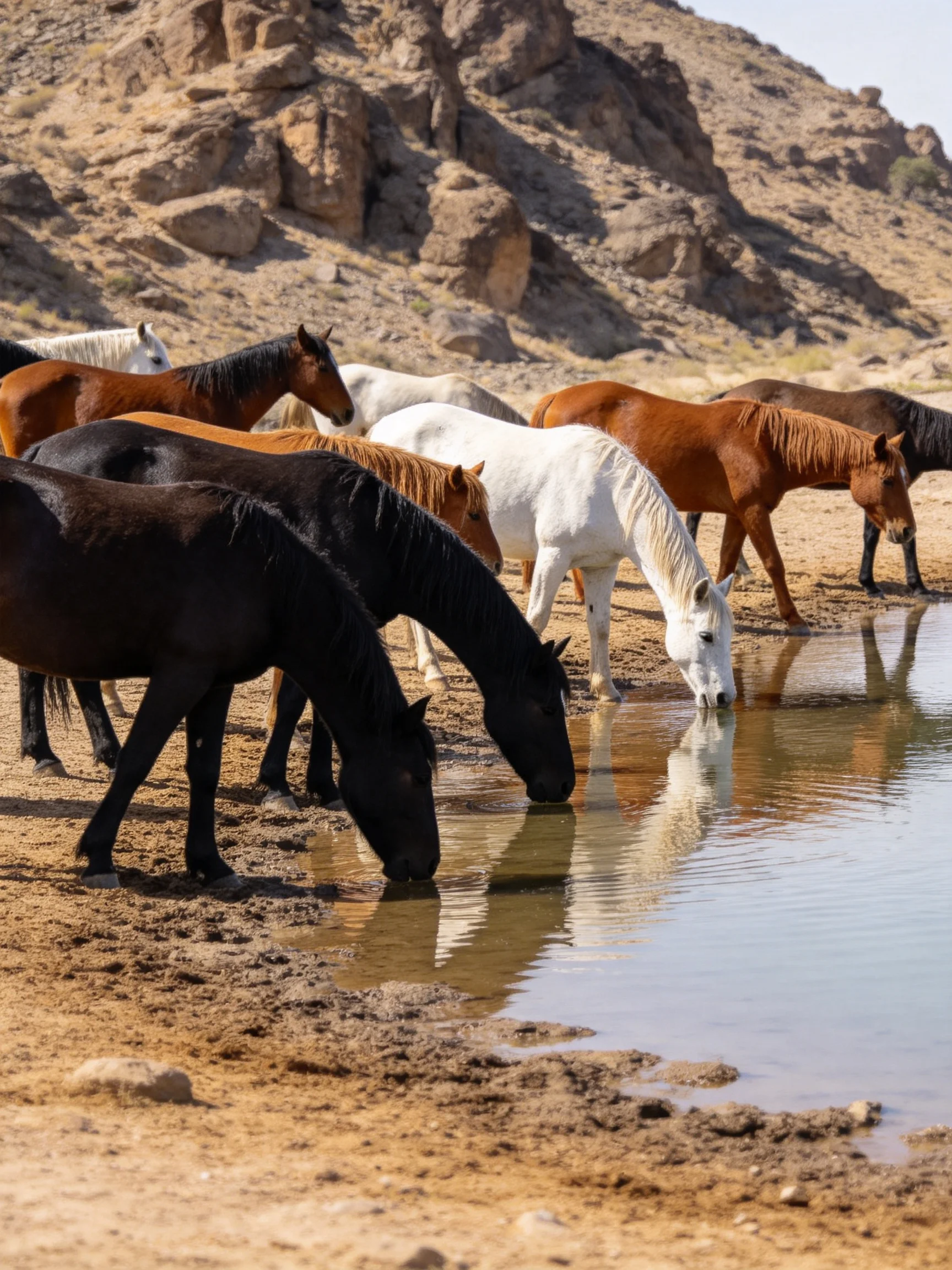 A diverse group of horses drinks at a rocky watering hole