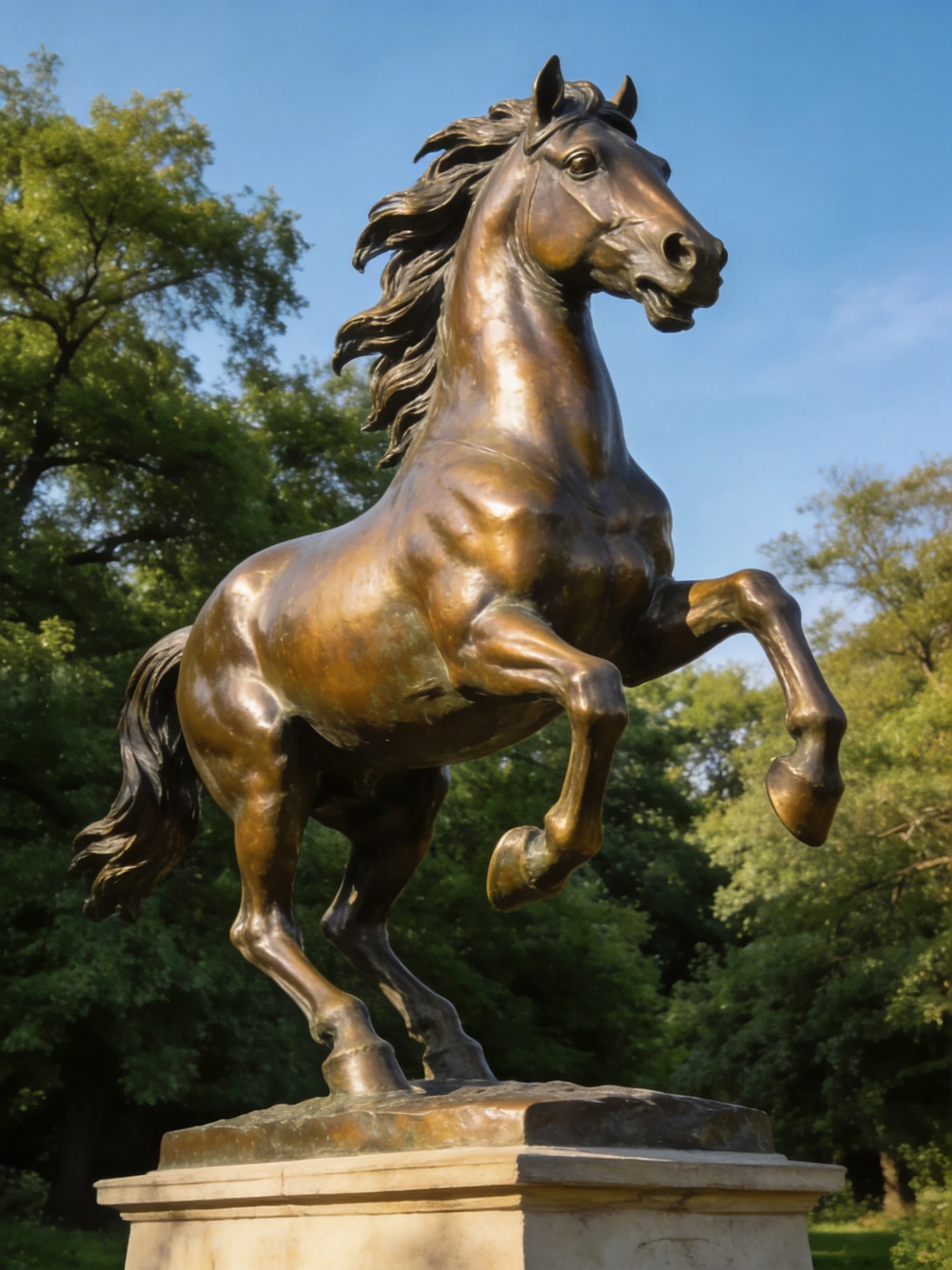 A dynamic bronze horse statue rearing on a stone pedestal