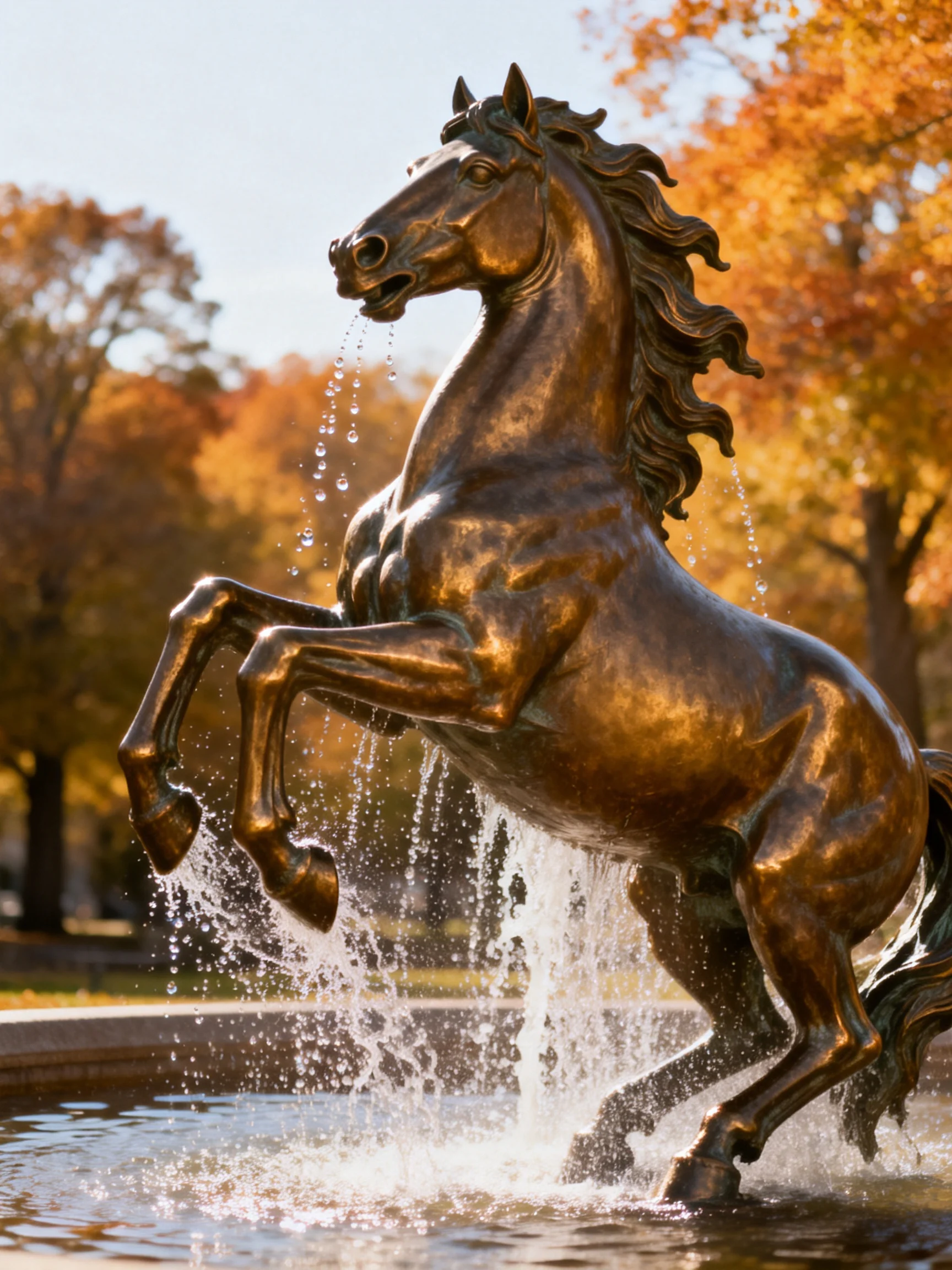 A dynamic bronze horse statue rearing over a water fountain with autumn foliage