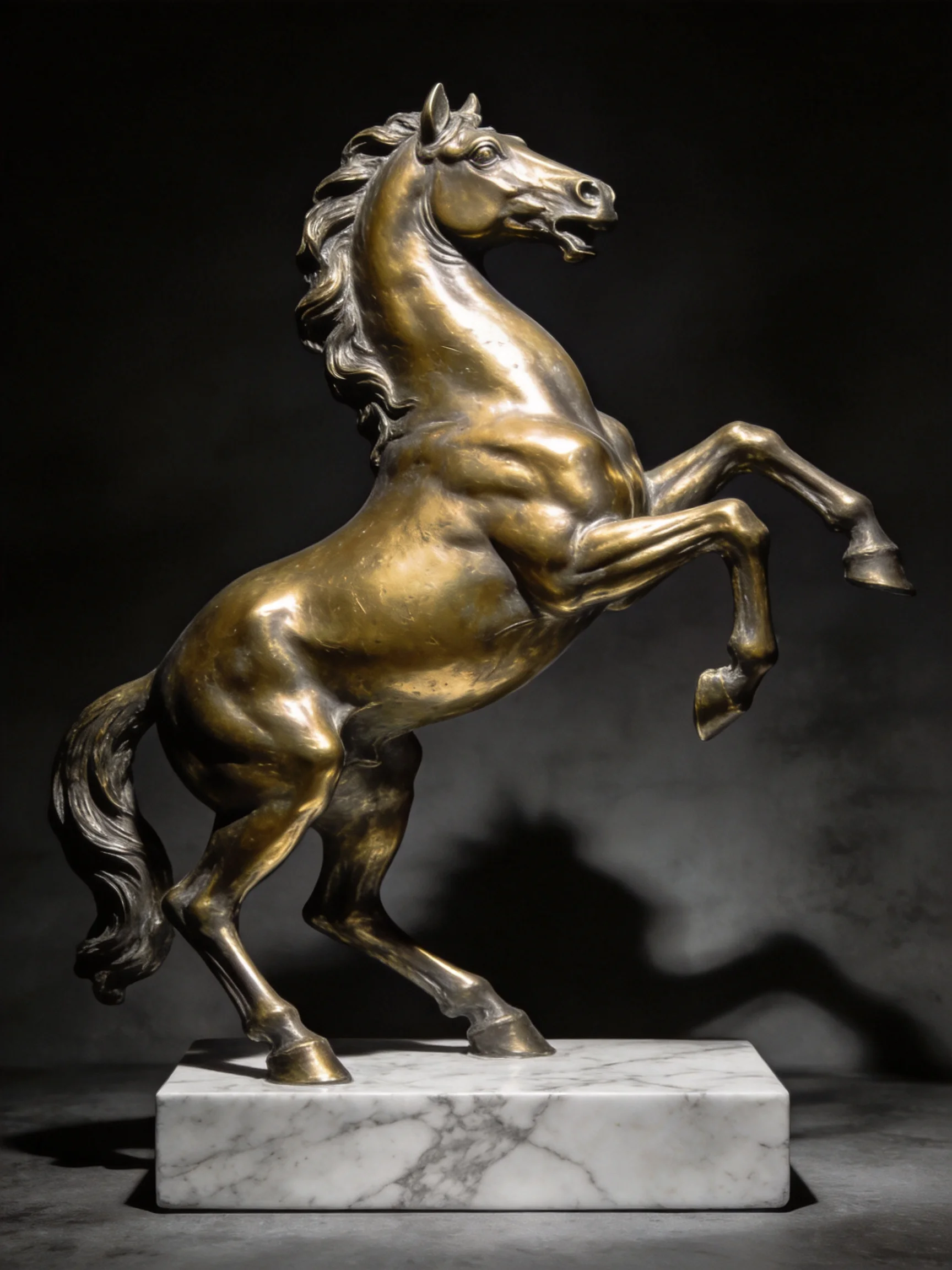 A dynamic bronze rearing horse sculpture on a white marble base