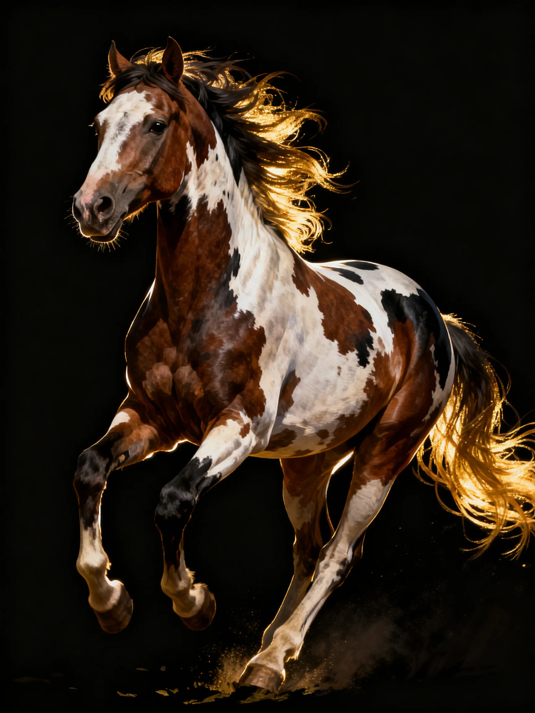A dynamic pinto horse galloping with golden mane against dark backdrop