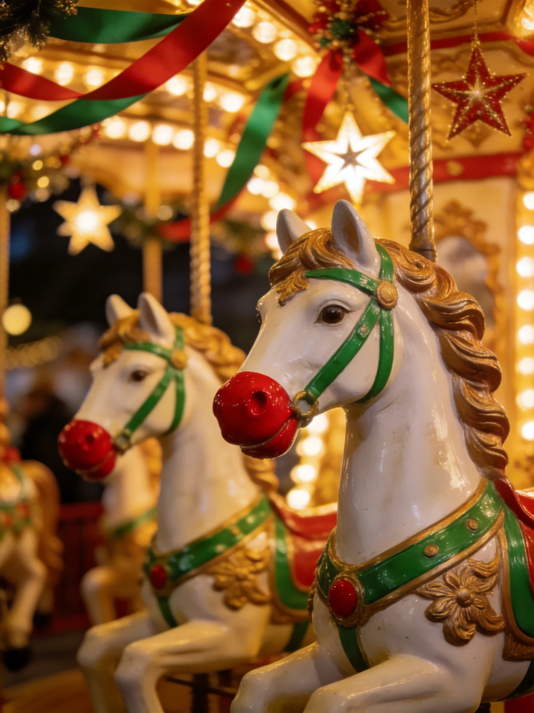 A festive carousel with white horses, green harnesses, and golden accents