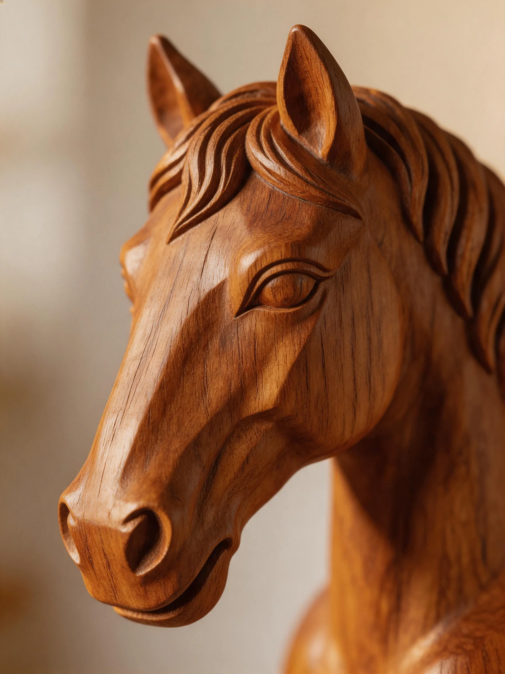 A finely carved wooden horse head sculpture with rich brown hues