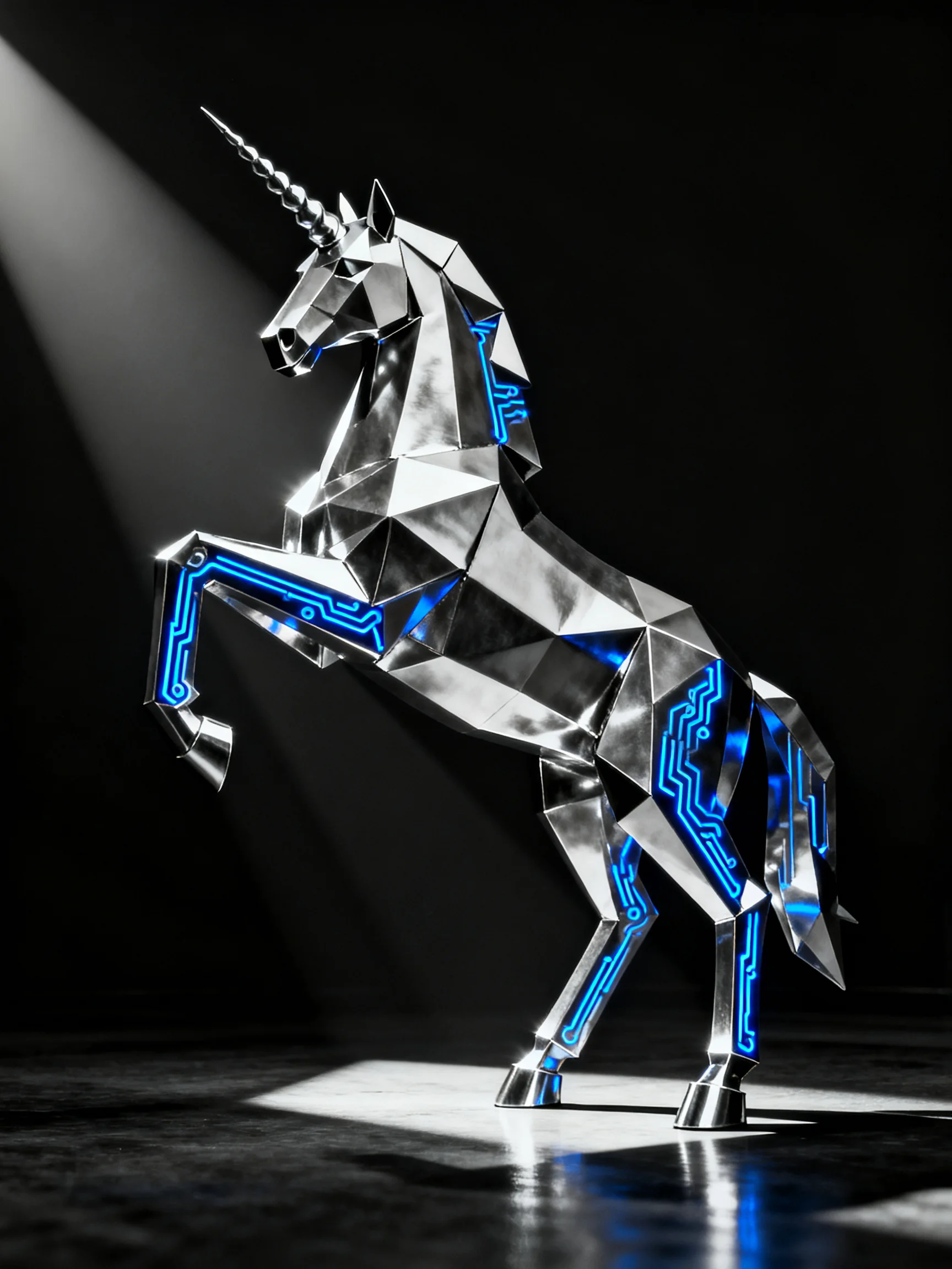 A futuristic silver geometric unicorn sculpture with glowing blue circuit patterns