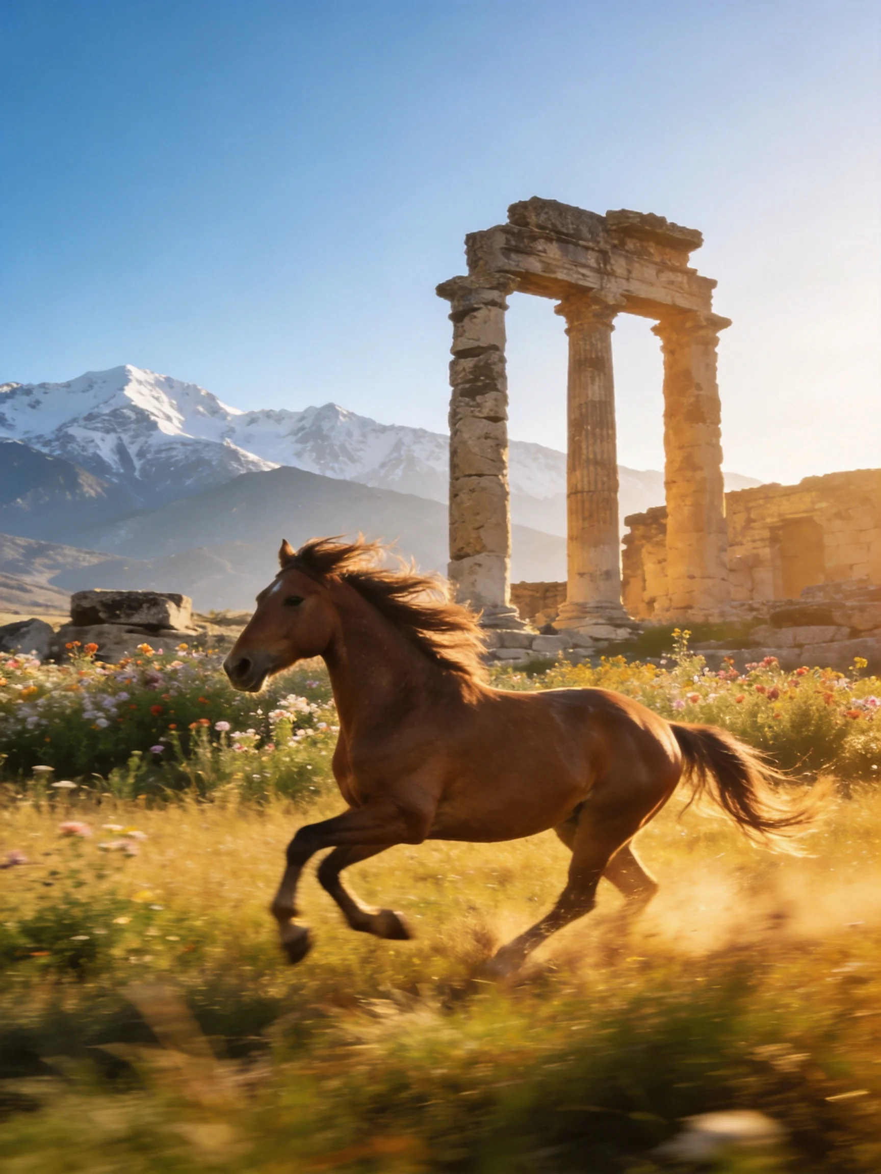 A galloping brown horse near ancient stone columns by snow-capped mountains