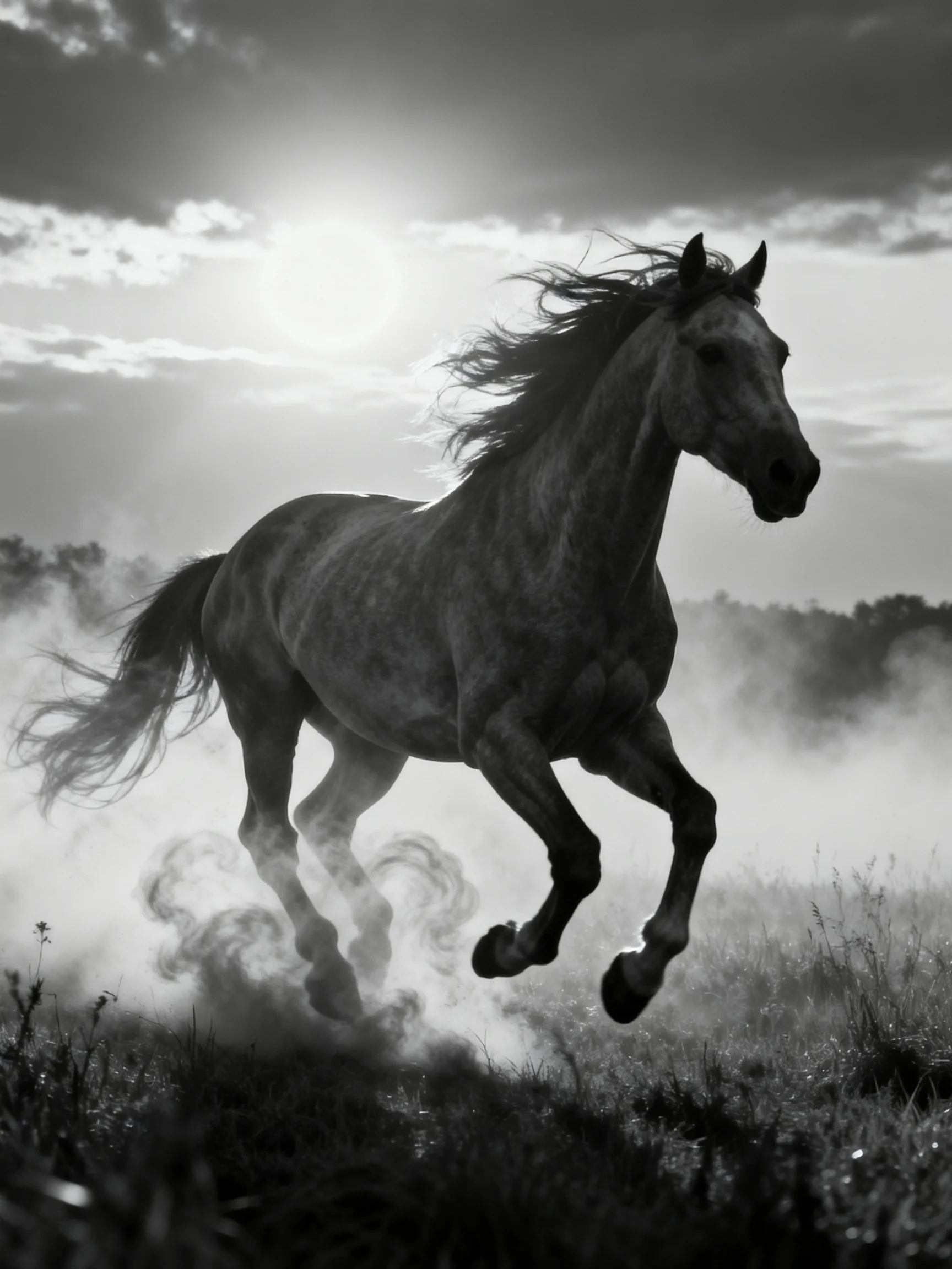 A galloping horse in monochrome with swirling dust and dramatic sky