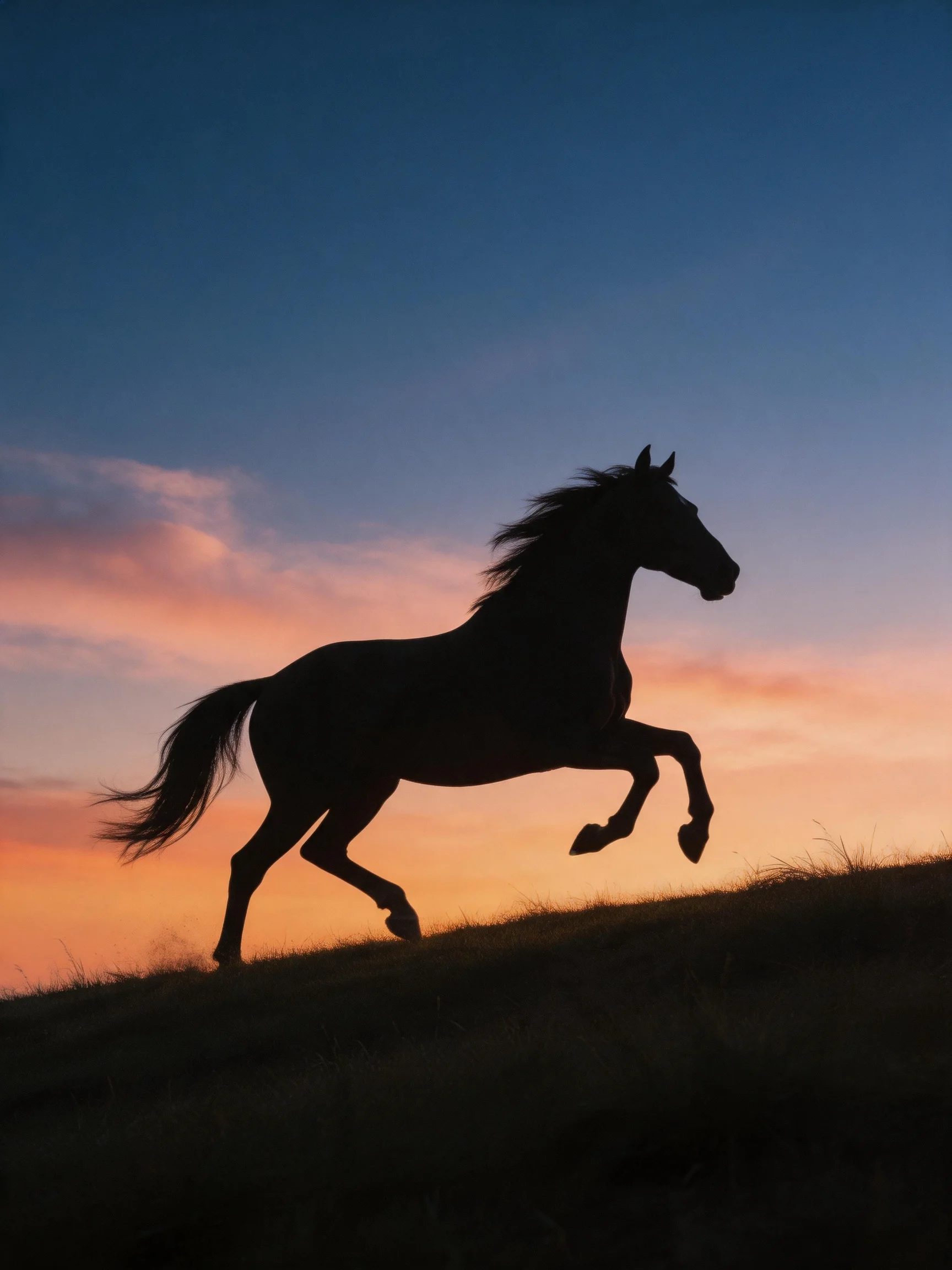 A galloping horsesilhouette on a grassy hill beneath a colorful dusk sky