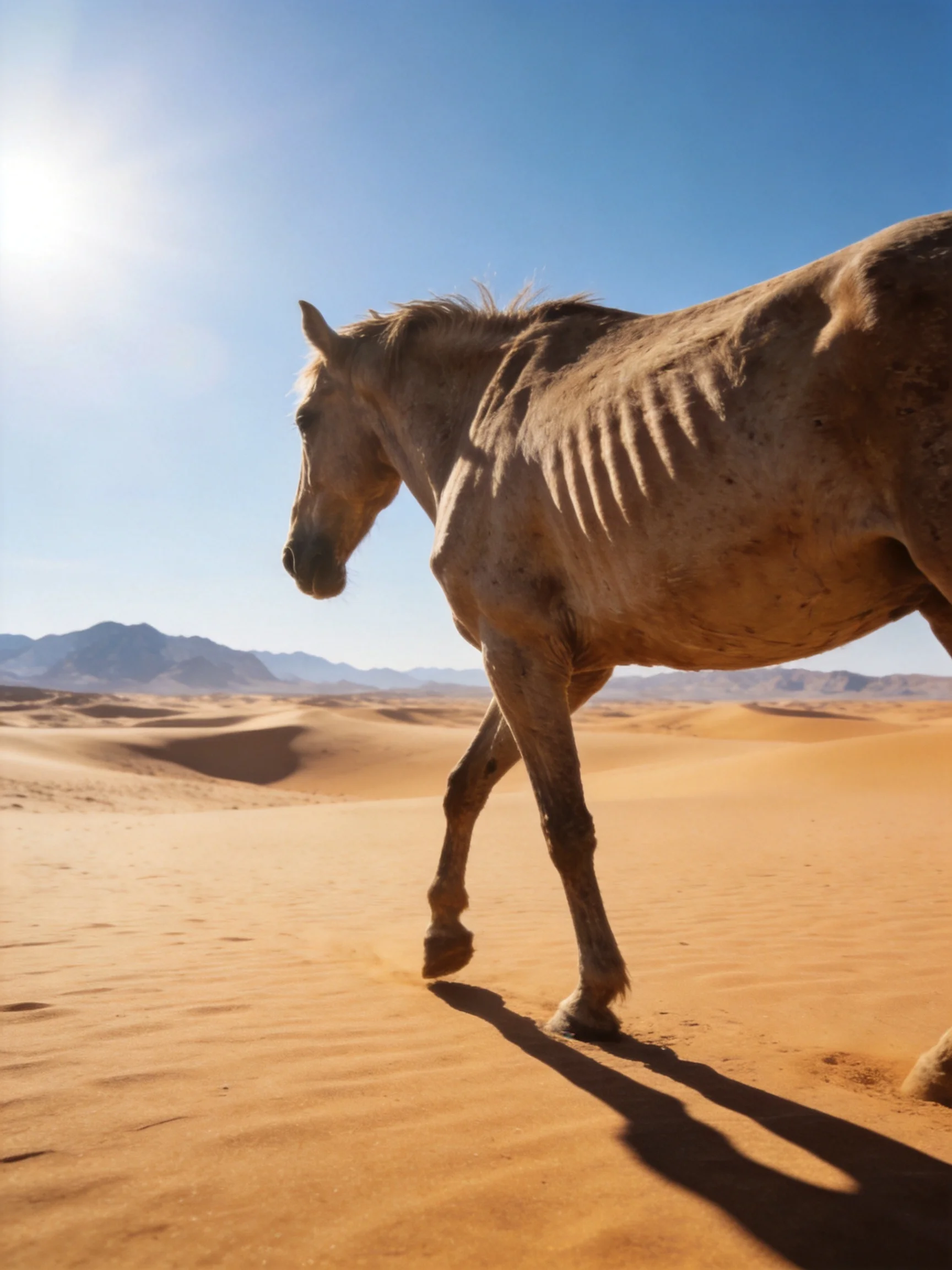 A gaunt horse traverses golden sand dunes under bright sunlight