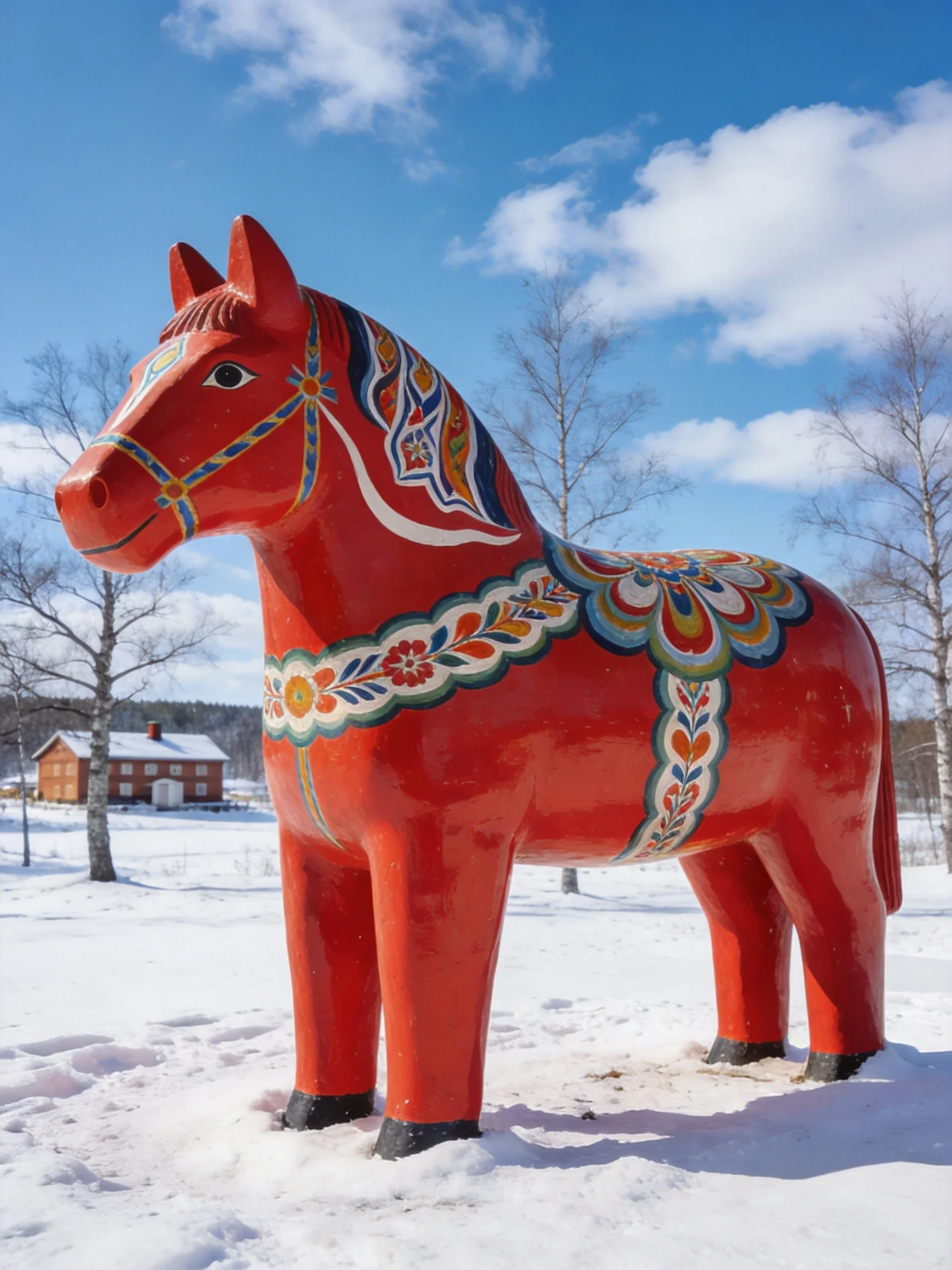 A giant red folk - art horse statue in a snowy landscape