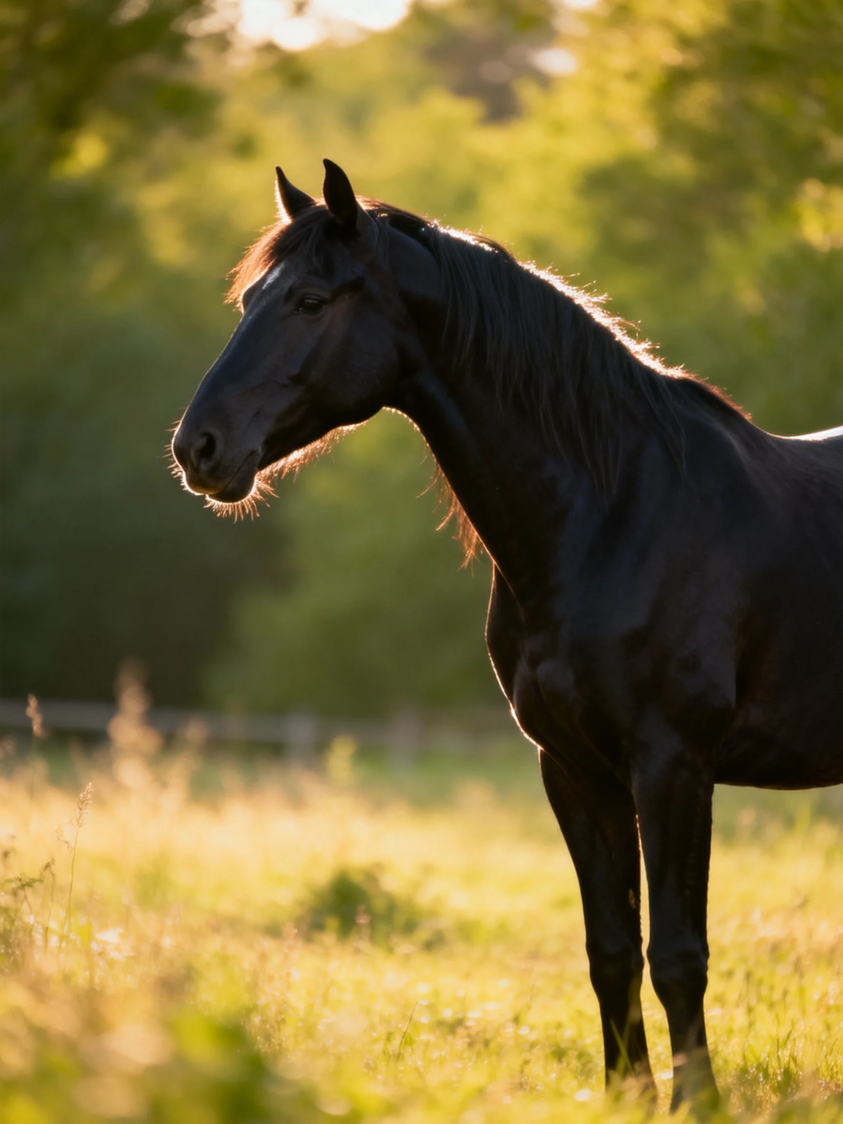 A glossy black horse in a sun-drenched meadow
