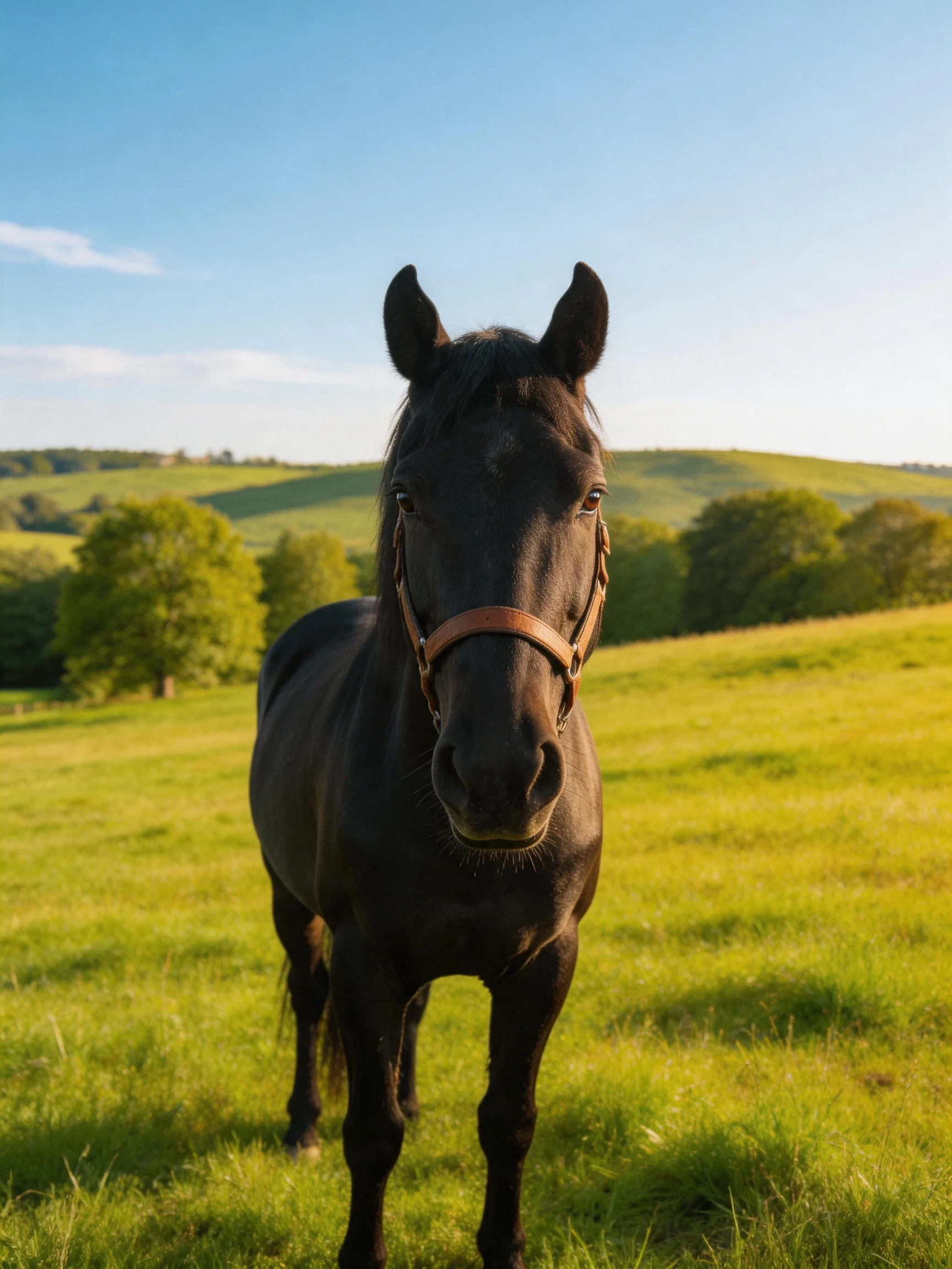 A glossy black horse stands in a sun-drenched green meadow