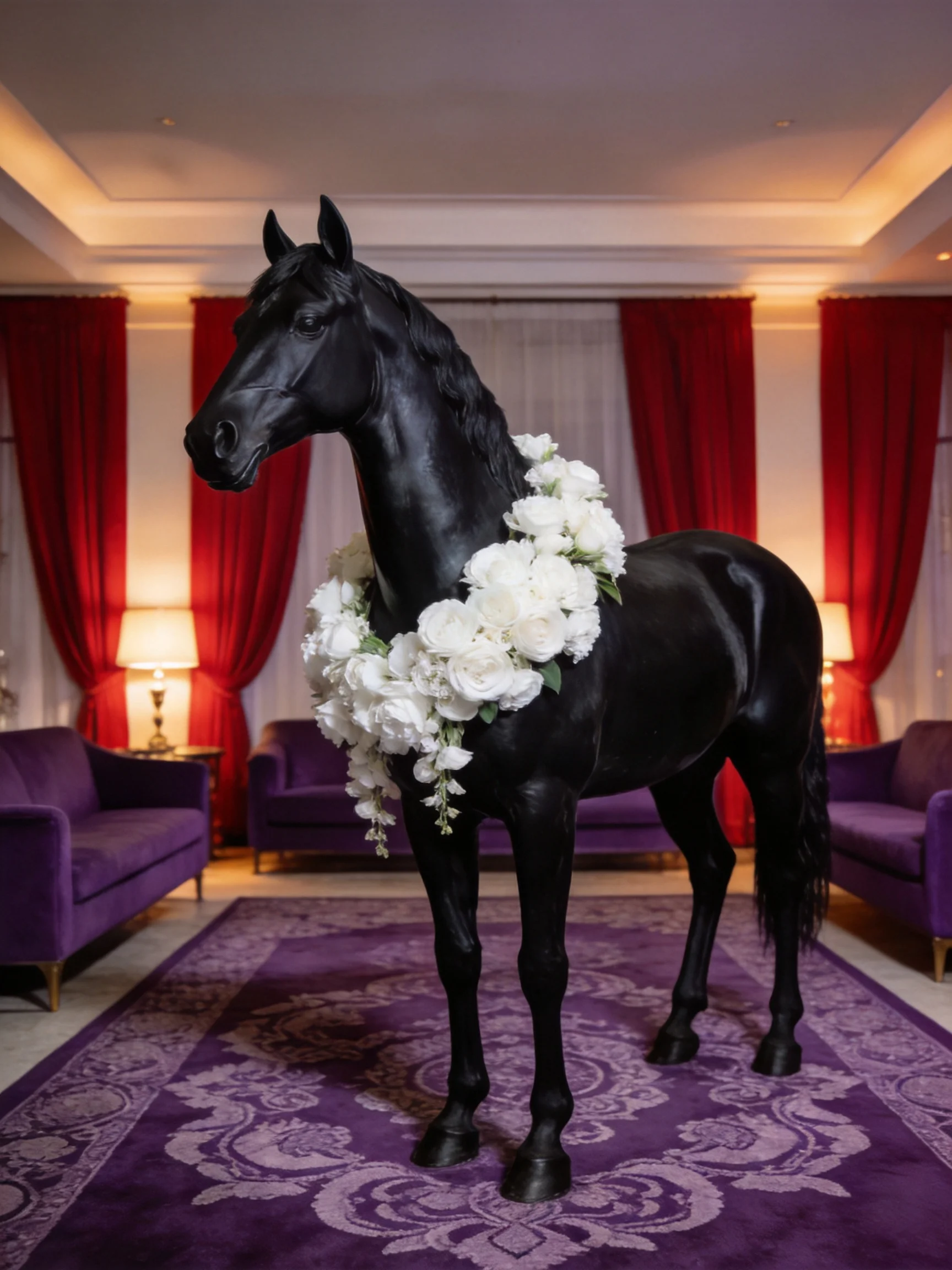 A glossy black horse statue with white floral garland in an opulent room