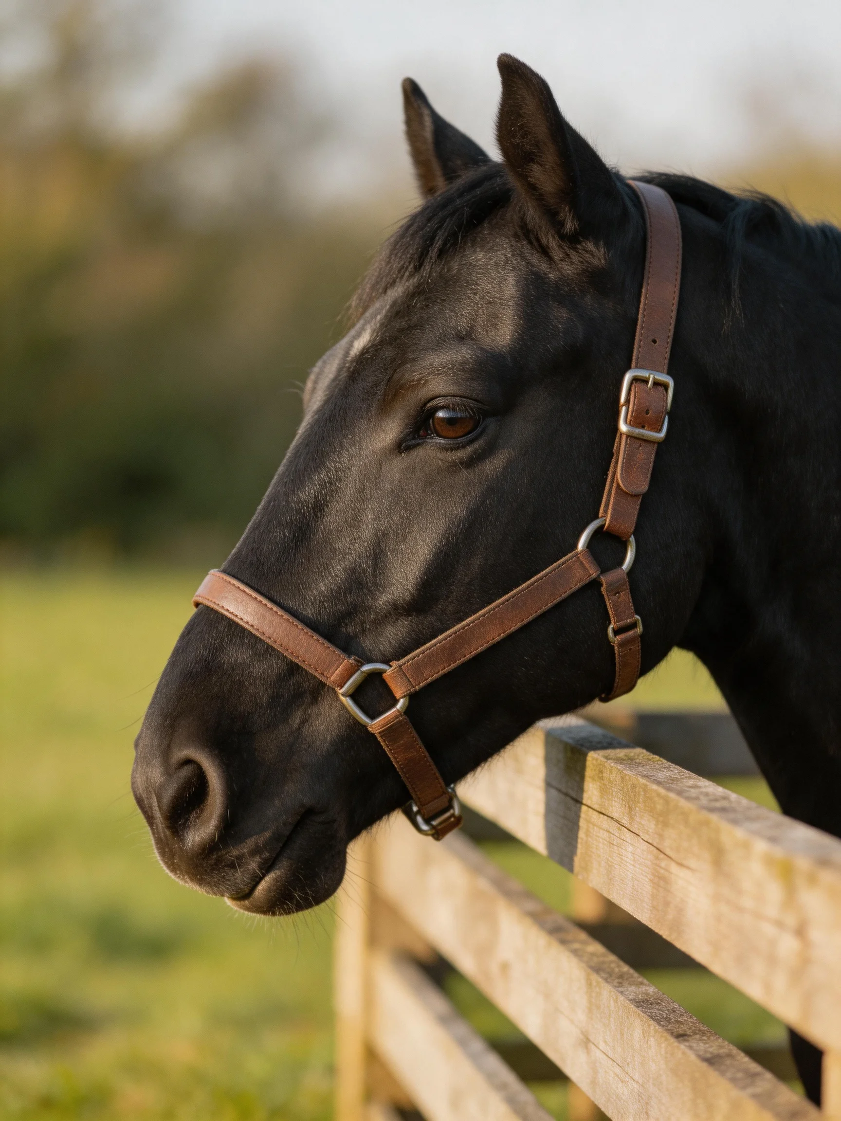 A glossy black horse with a brown leather halter near a wooden fence