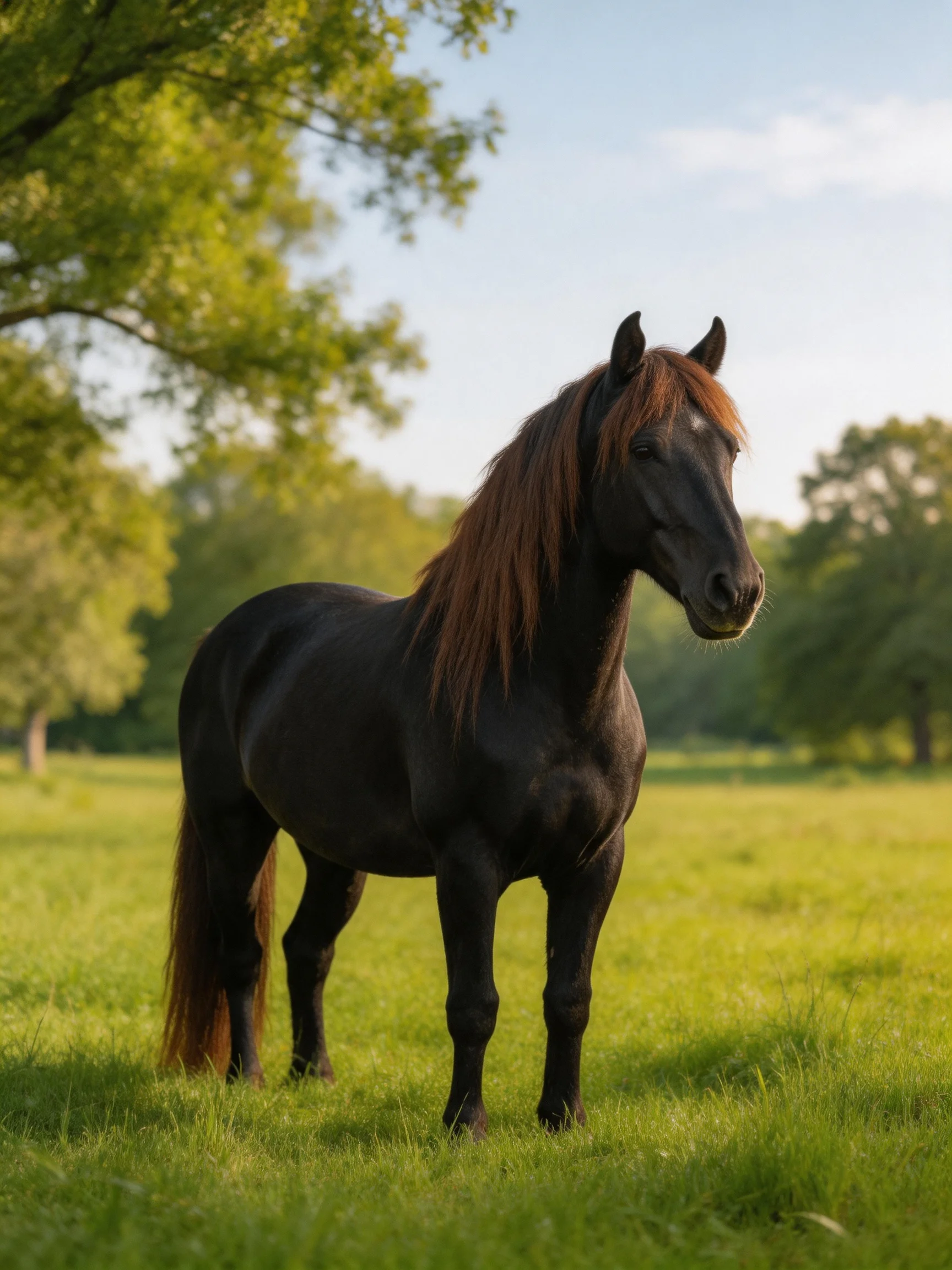 A glossy black horse with reddish-brown mane in a sunlit meadow