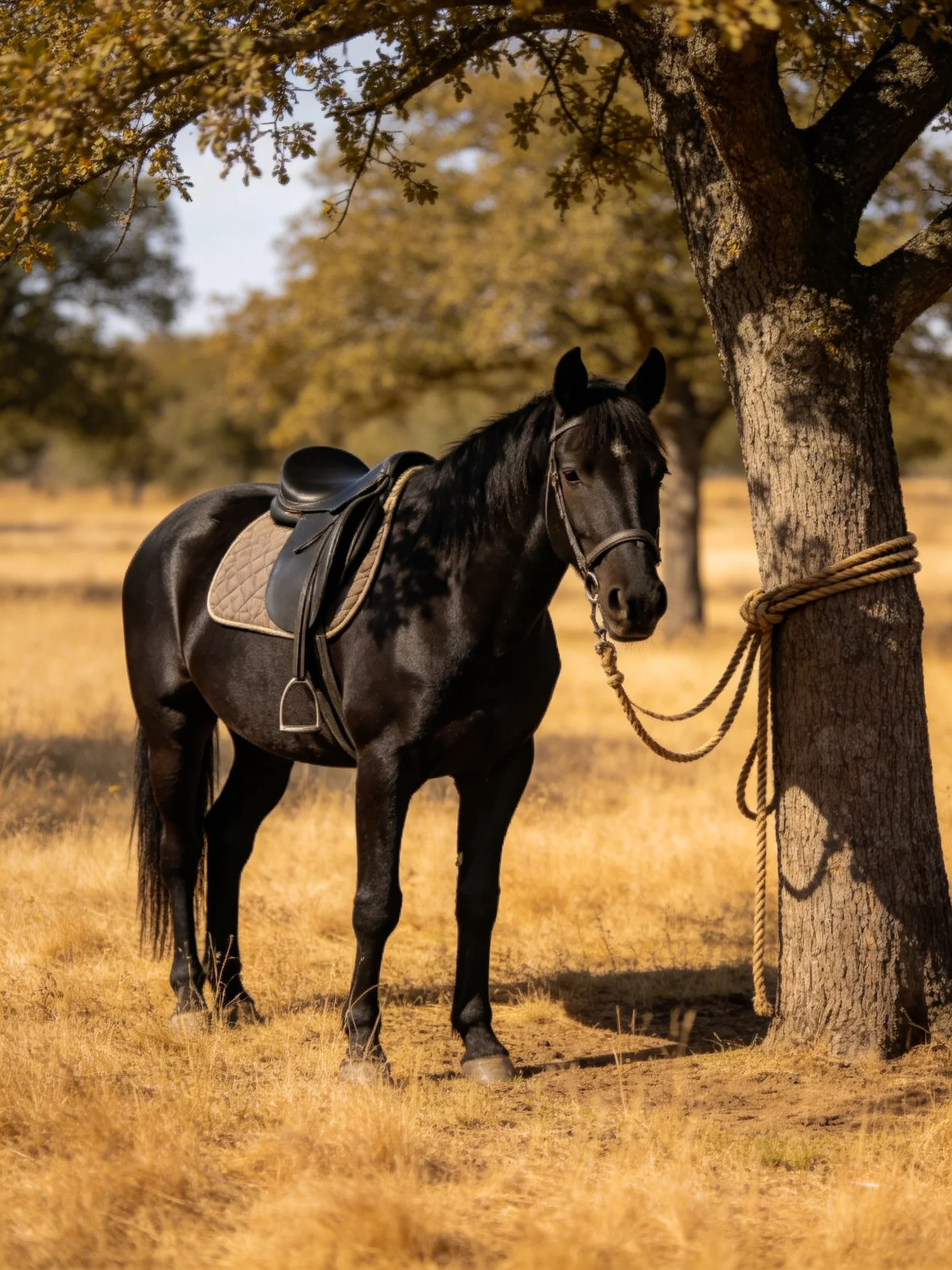 A glossy black saddled horse tied to a sturdy brown tree