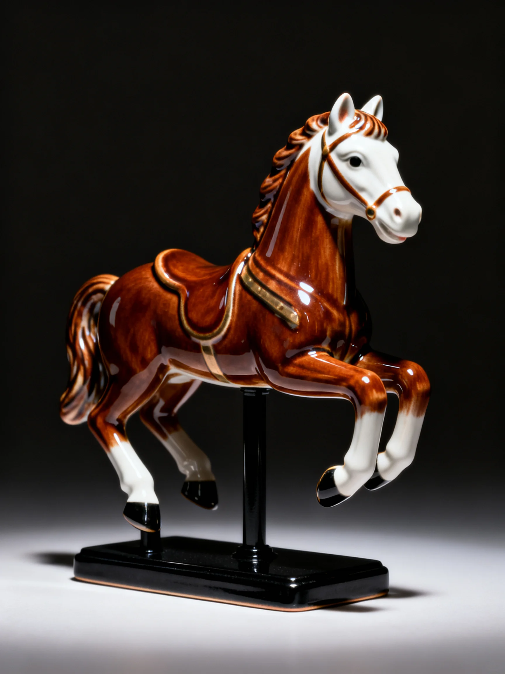 A glossy brown and white ceramic horse sculpture mounted on a black stand