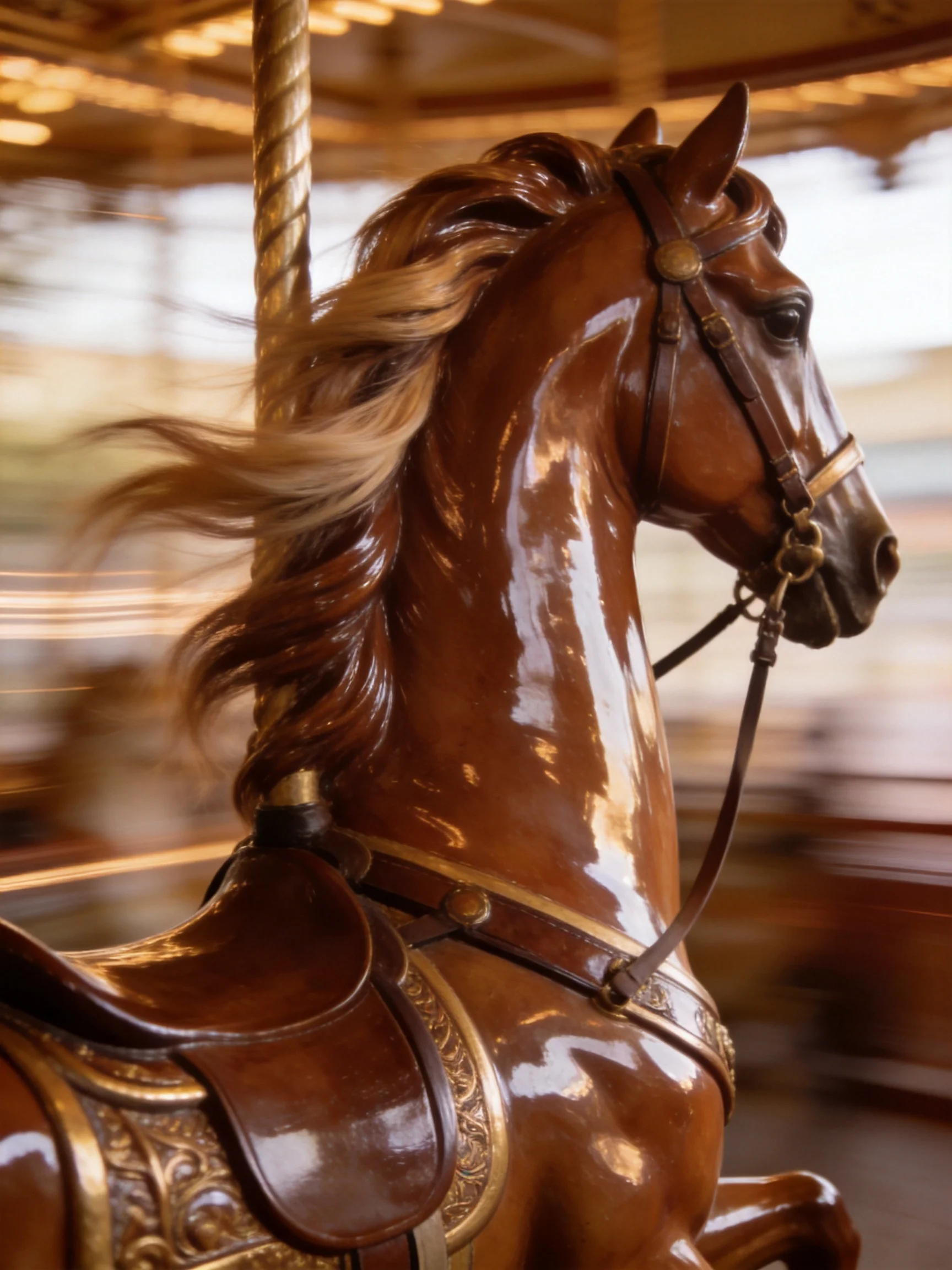 A glossy brown carousel horse with ornate golden details spinning