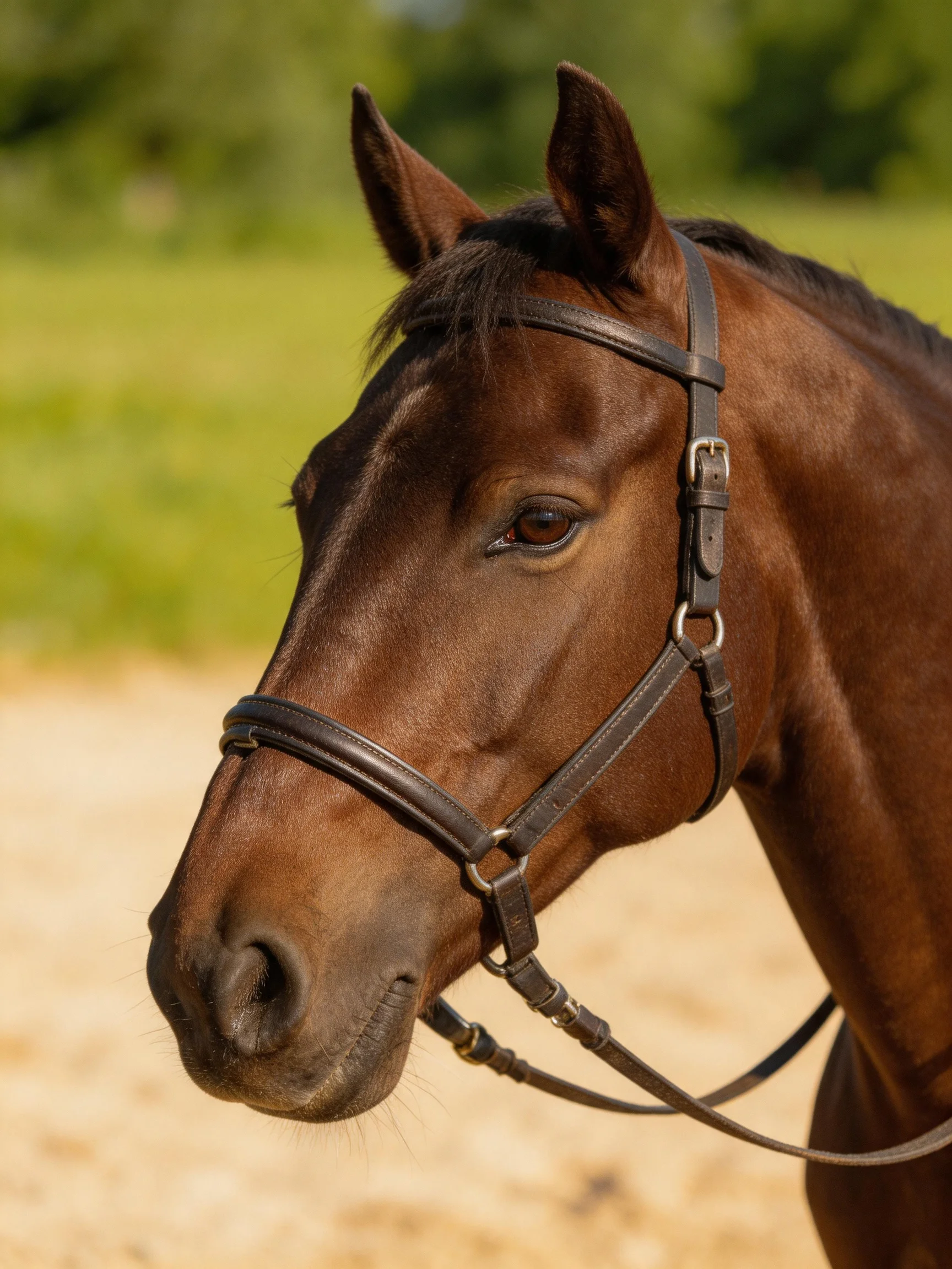 A glossy brown horse wearing a black leather bridle in a sunny field