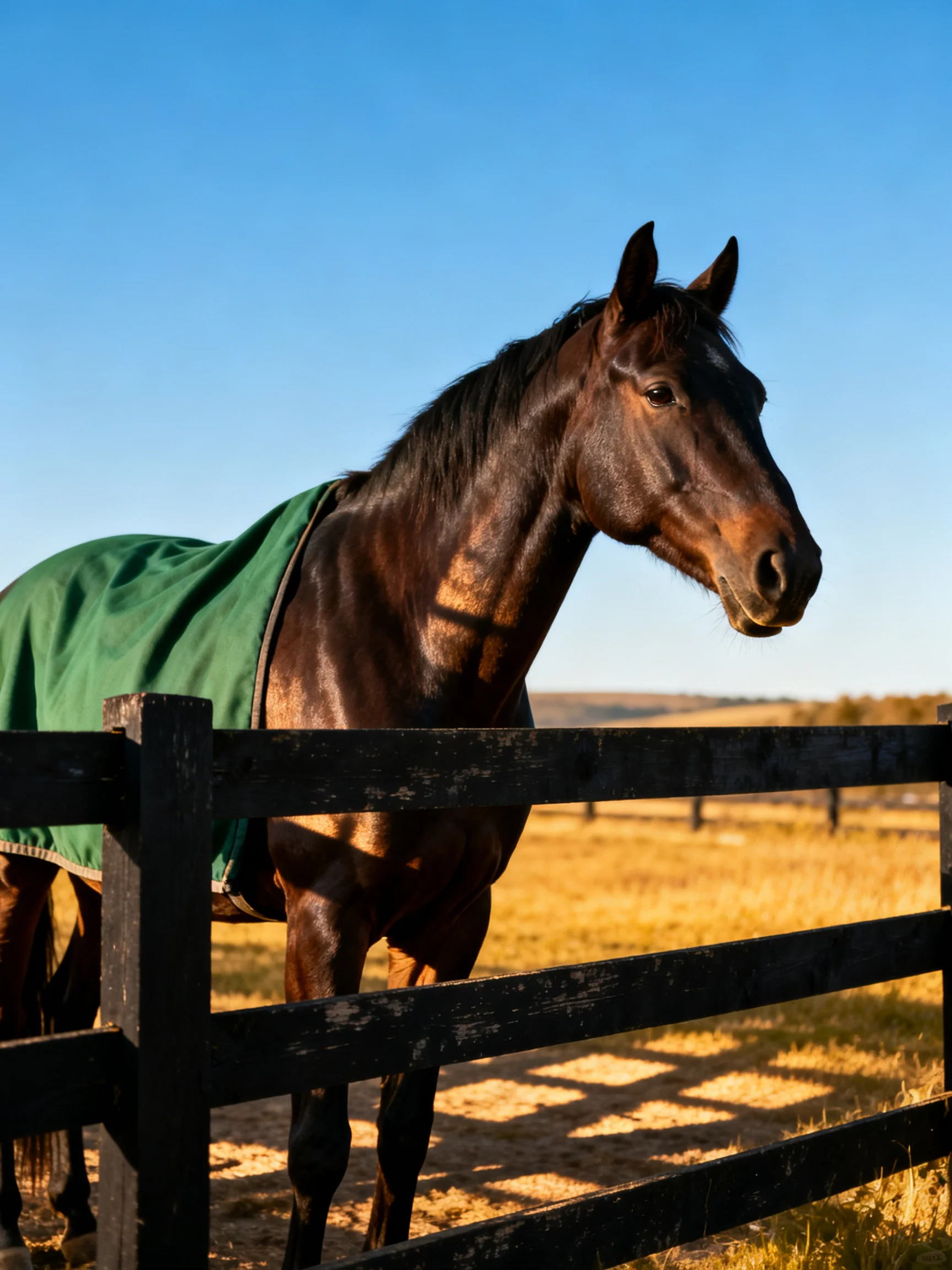 A glossy brown horse with a green blanket near a wooden fence