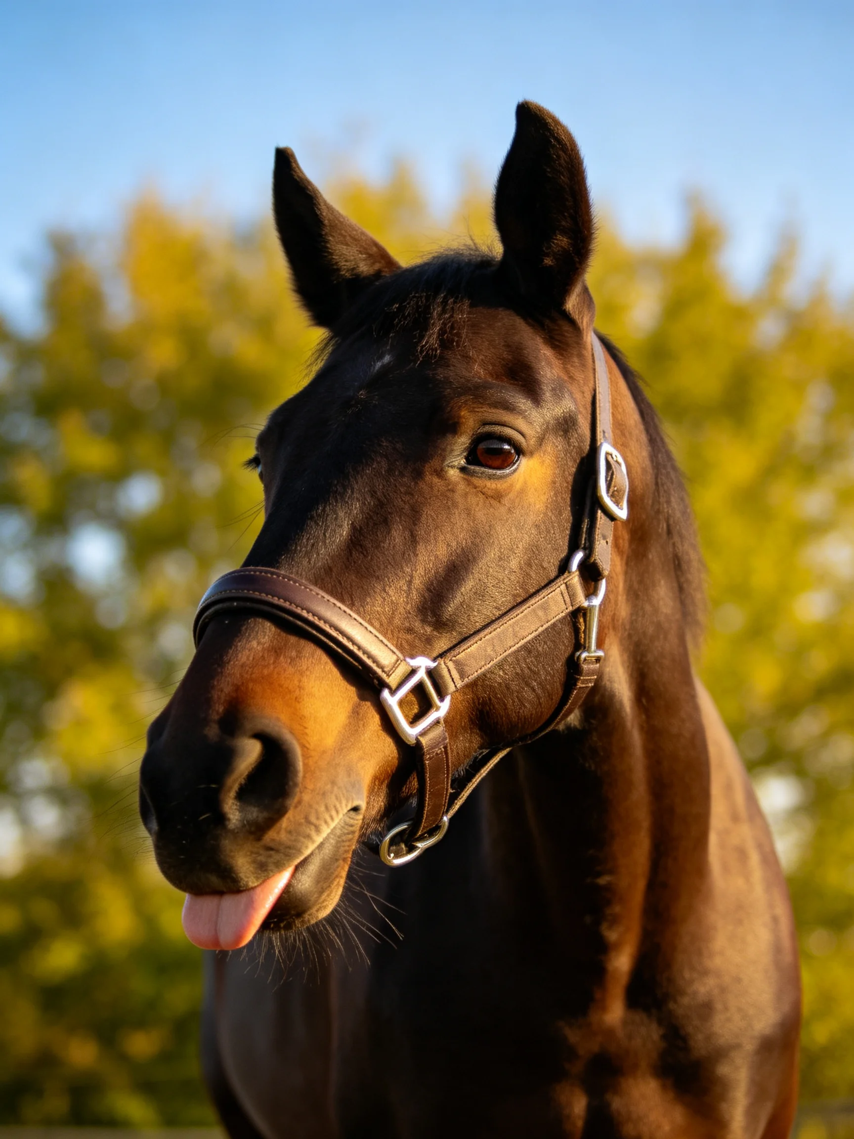 A glossy brown horse with a leather halter near green trees